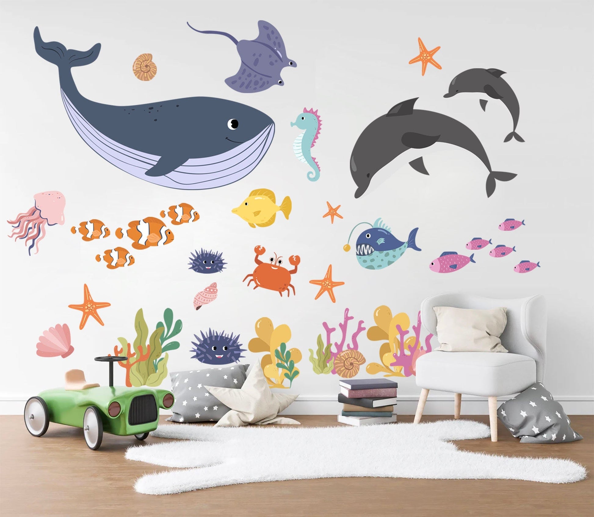 Whimsical Undersea World Wall Decal with Whale Dolphin and Seahors - BR249