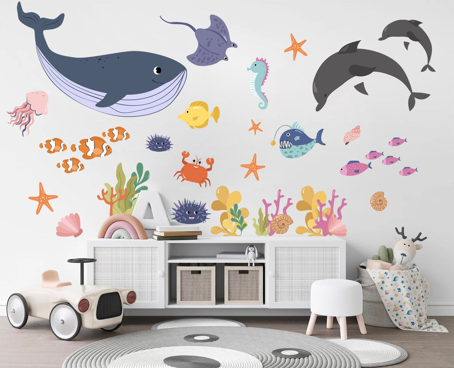 Whimsical Undersea World Wall Decal with Whale Dolphin and Seahors - BR249