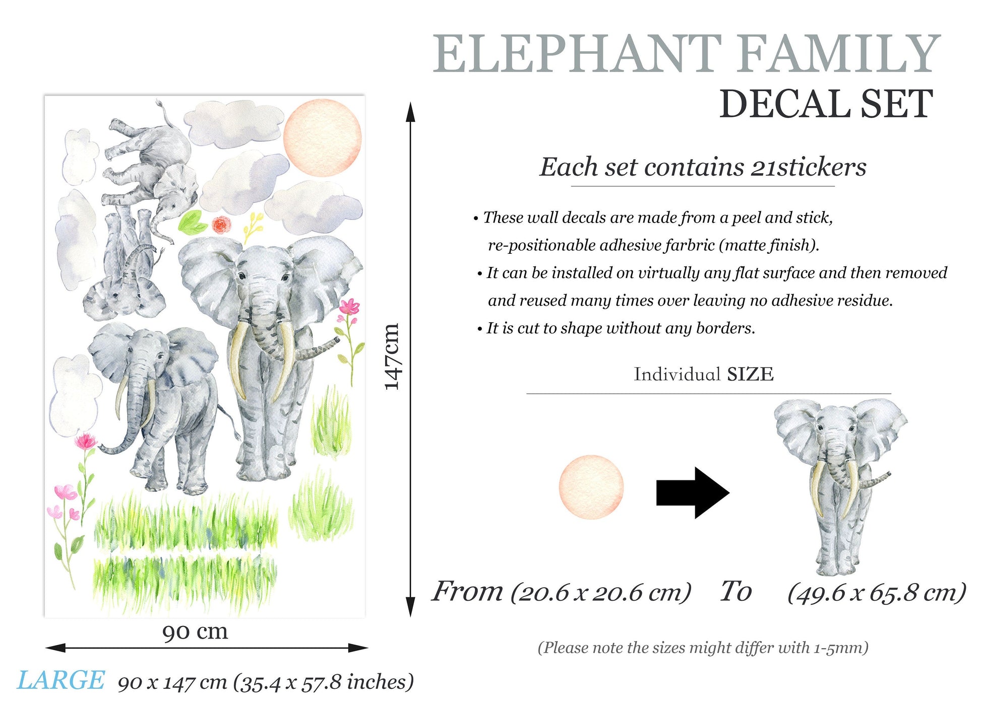 African Savanna Elephant Family Wall Decal - Removable Peel and Stick - BR250