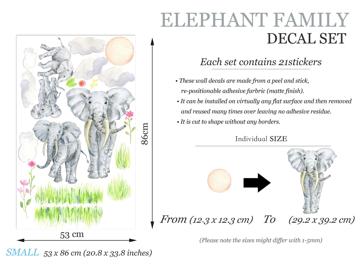 African Savanna Elephant Family Wall Decal - Removable Peel and Stick - BR250