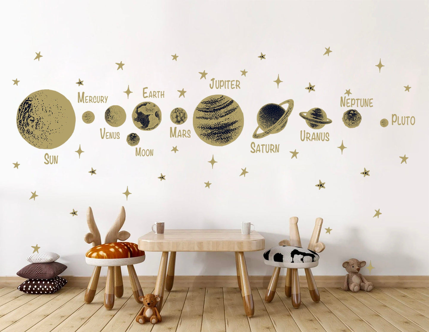 Golden Solar System Planets Space Jupiter Mars Earth Moon Remove Wall Decals - BR251