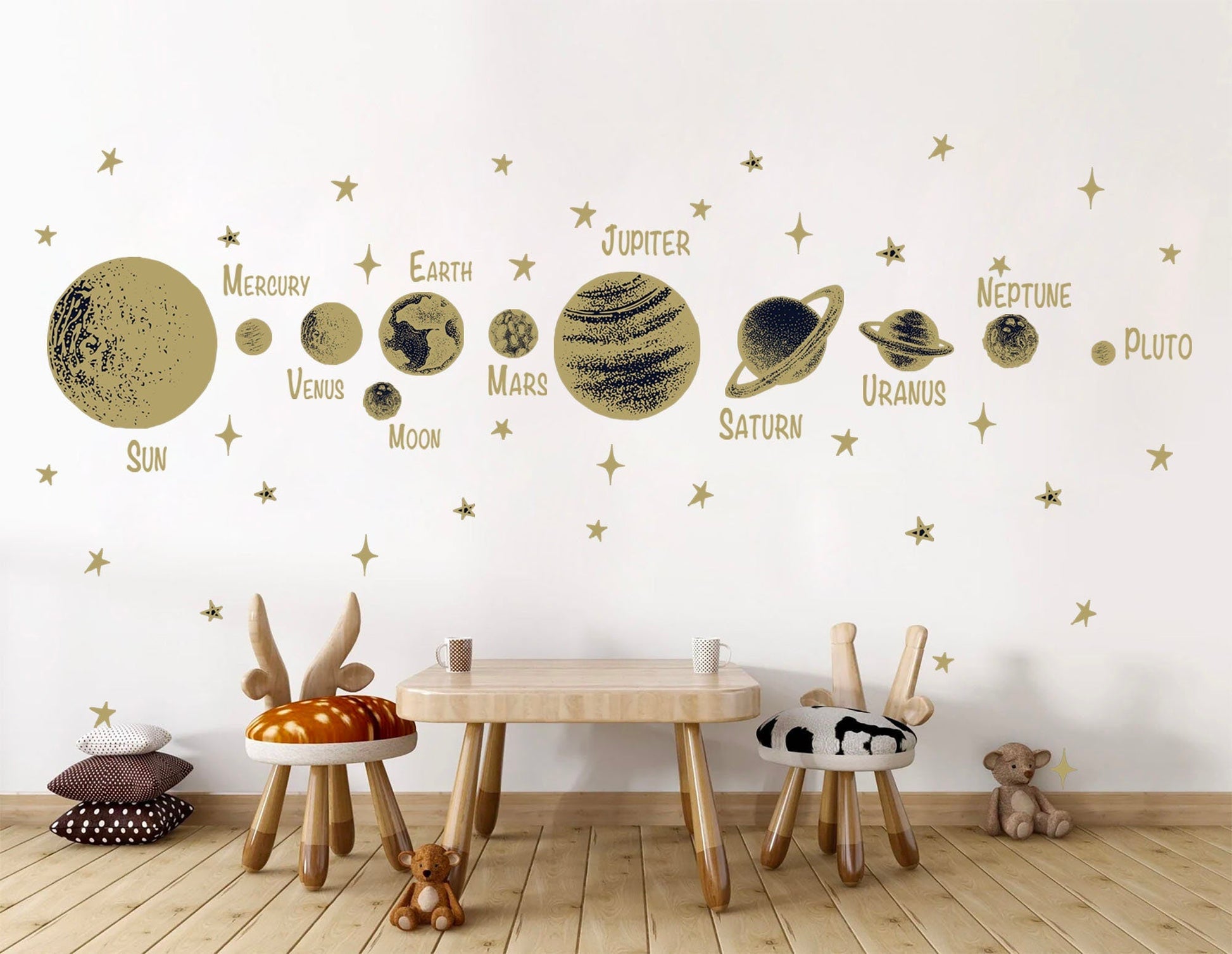 Golden Solar System Planets Space Jupiter Mars Earth Moon Remove Wall Decals - BR251
