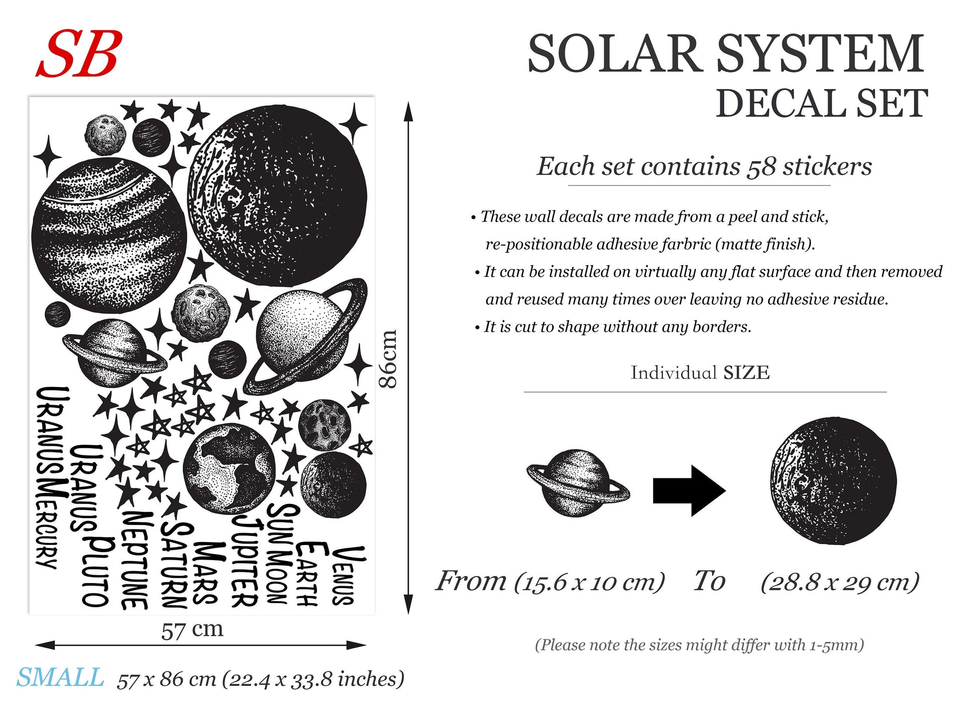 Golden Solar System Planets Space Jupiter Mars Earth Moon Remove Wall Decals - BR251