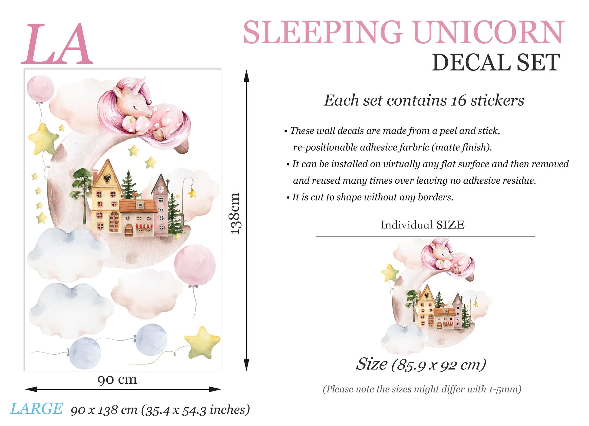 Sleeping Unicorn on Cloud Wall Decal - Castle Balloons Stars - Removable Peel and Stick - BR252