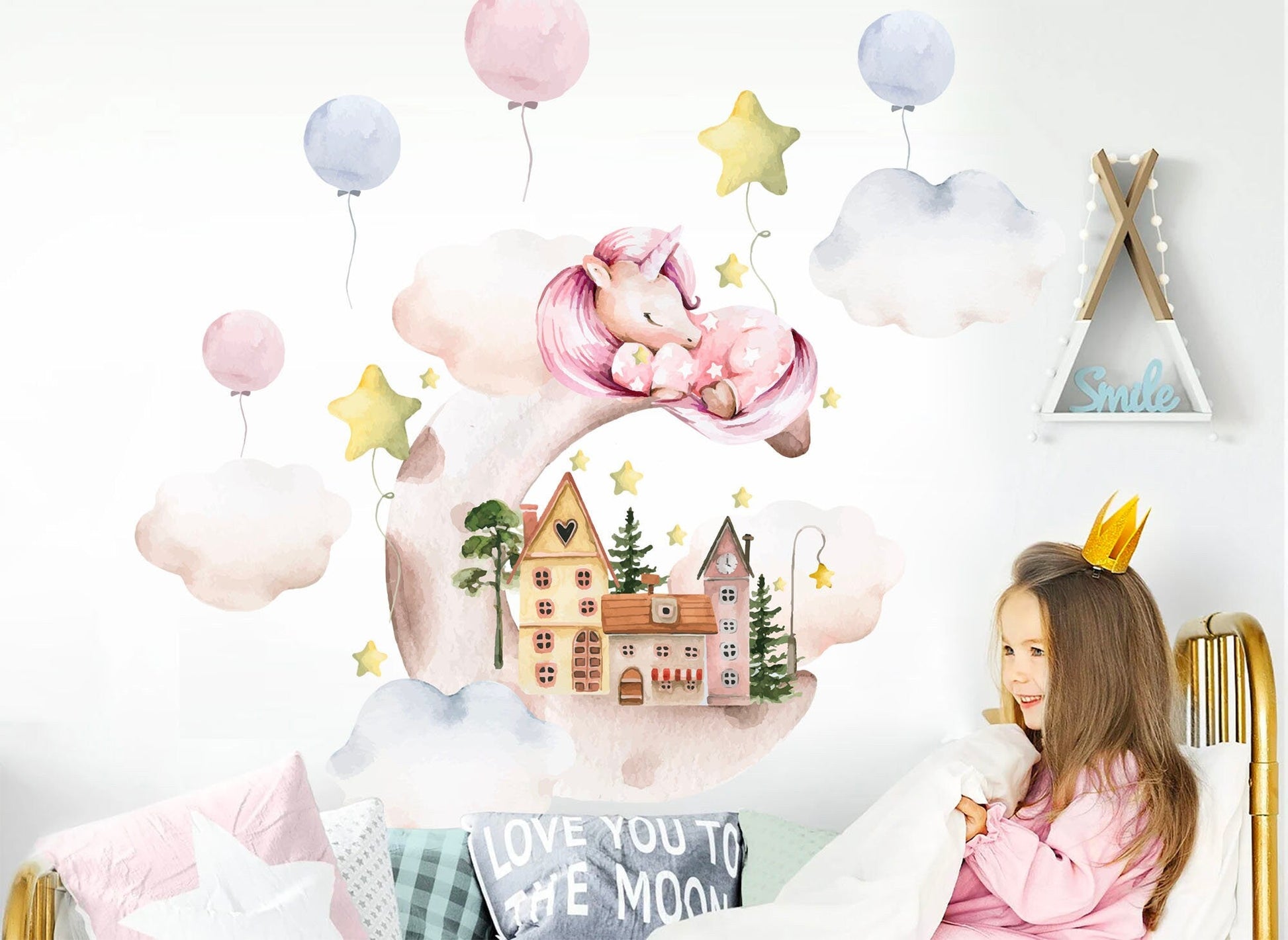 Sleeping Unicorn on Cloud Wall Decal - Castle Balloons Stars - Removable Peel and Stick - BR252