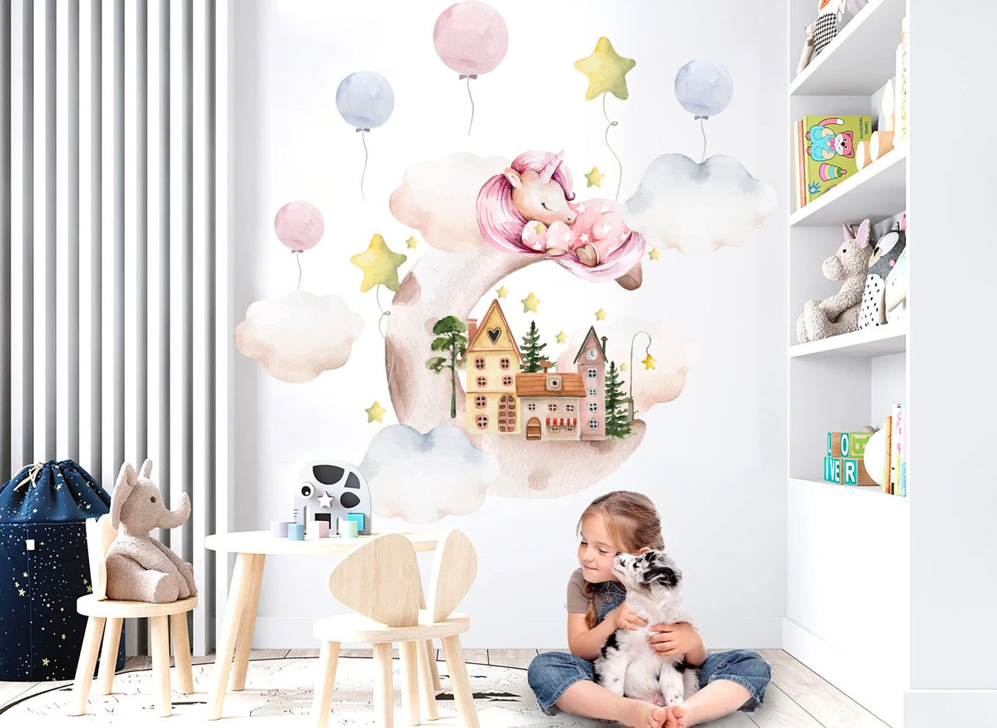 Sleeping Unicorn on Cloud Wall Decal - Castle Balloons Stars - Removable Peel and Stick - BR252