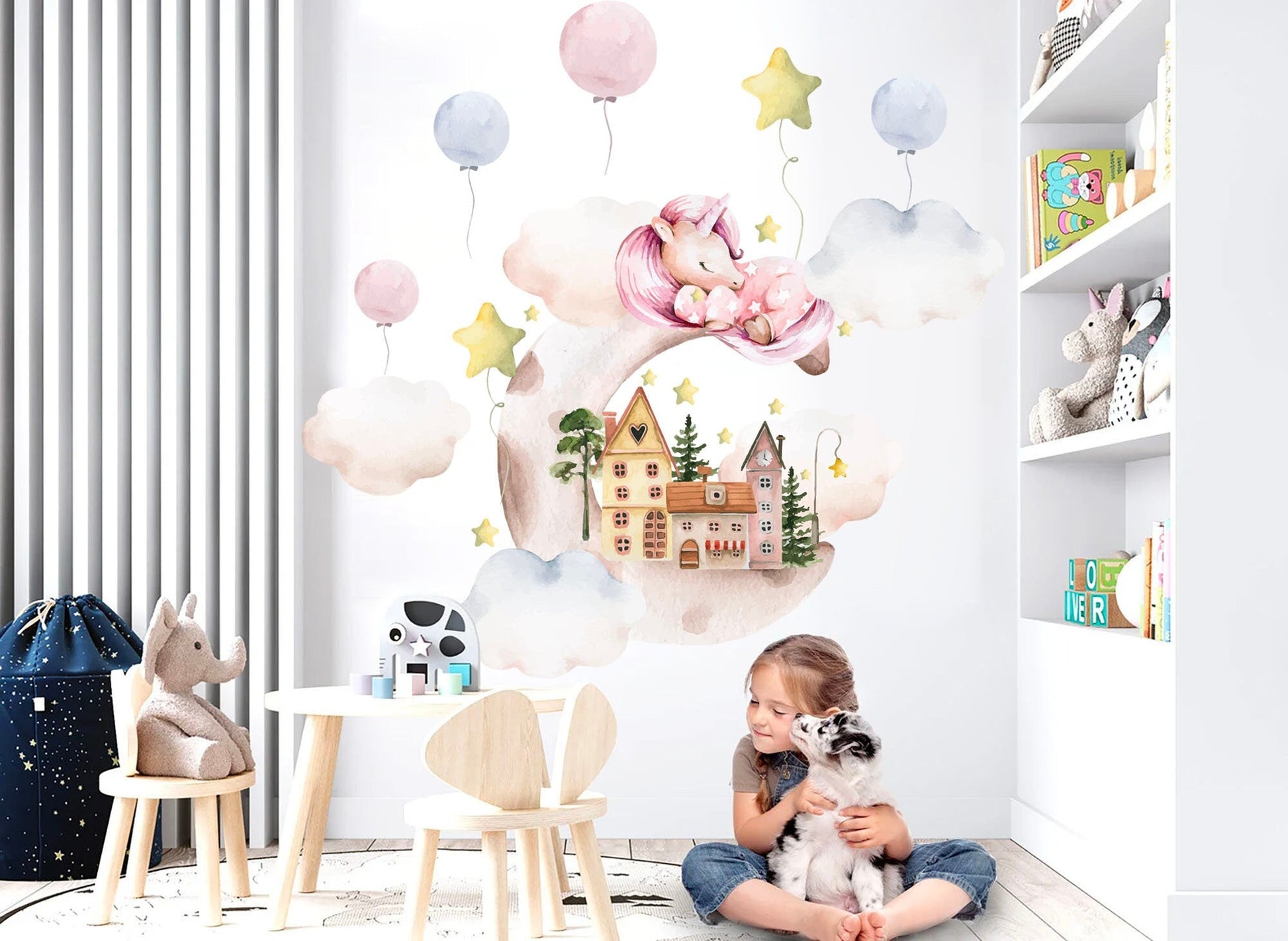 Sleeping Unicorn on Cloud Wall Decal - Castle Balloons Stars - Removable Peel and Stick - BR252
