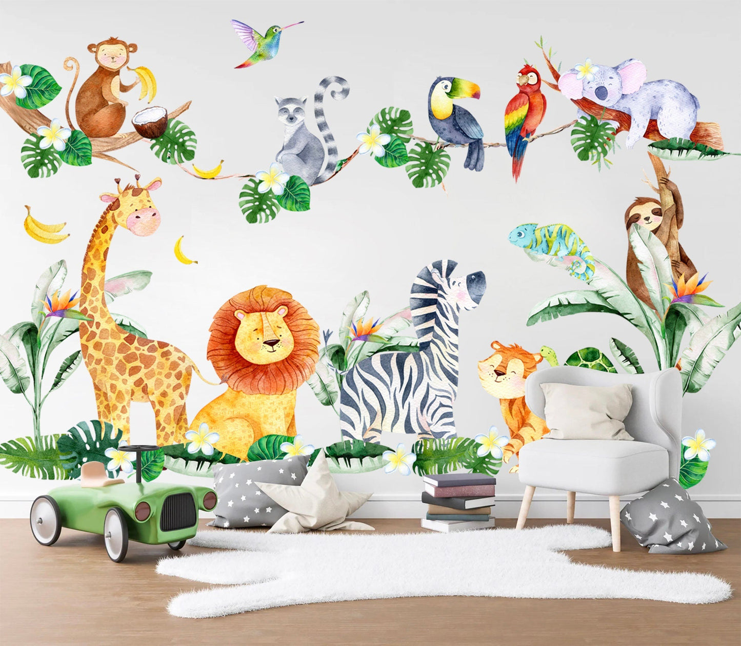 African Animals and Plants Wall Decal - Giraffe Lion Coconut Trees Koala Zebra Monkey - BR263