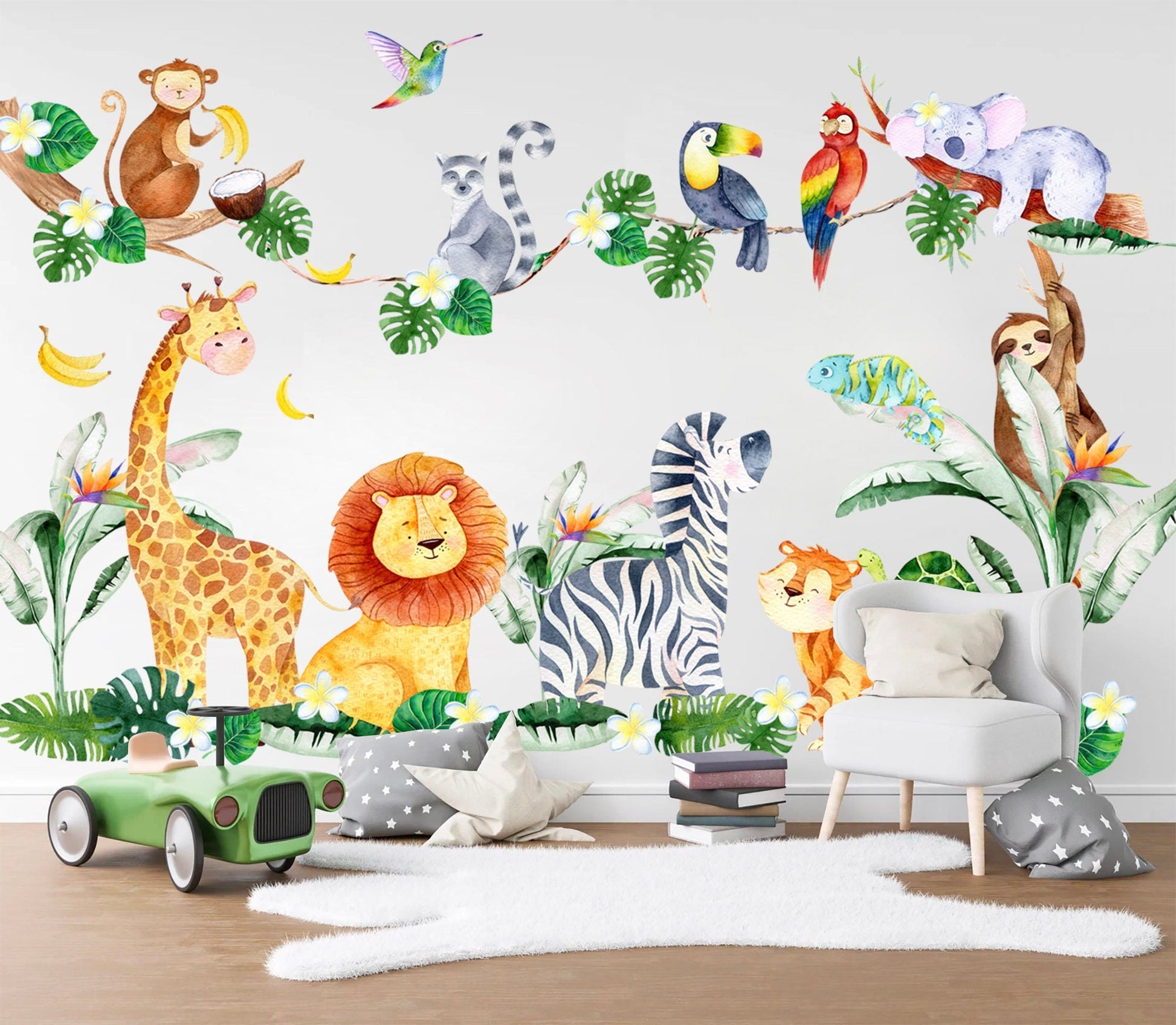 African Animals and Plants Wall Decal - Giraffe Lion Coconut Trees Koala Zebra Monkey - BR263