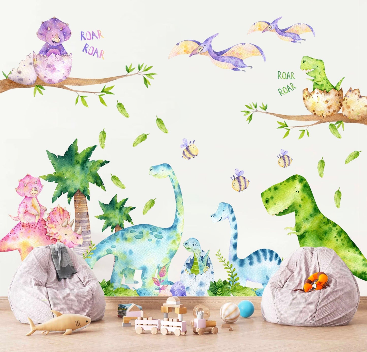 Watercolour Prehistoric Stegosaurus Brachiosaurus Triceratops Dinosaurs Nursery Wall Decal - Kids Bedroom - BR265