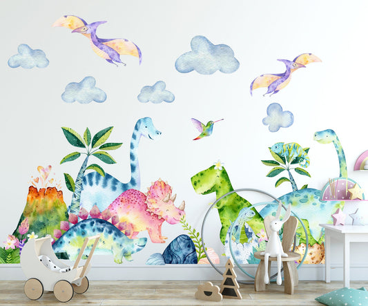 Watercolor Dino Playground by Volcano Removable Wall Decal - BR266