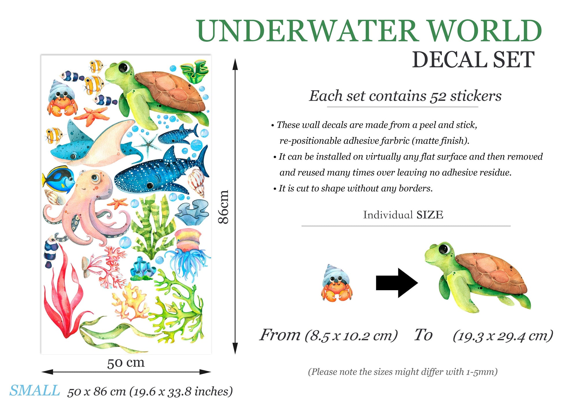 Ocean Playground Cartoon Wall Decal - Underwater Fun for Kids Room - Turtle Whale Octopus - BR253