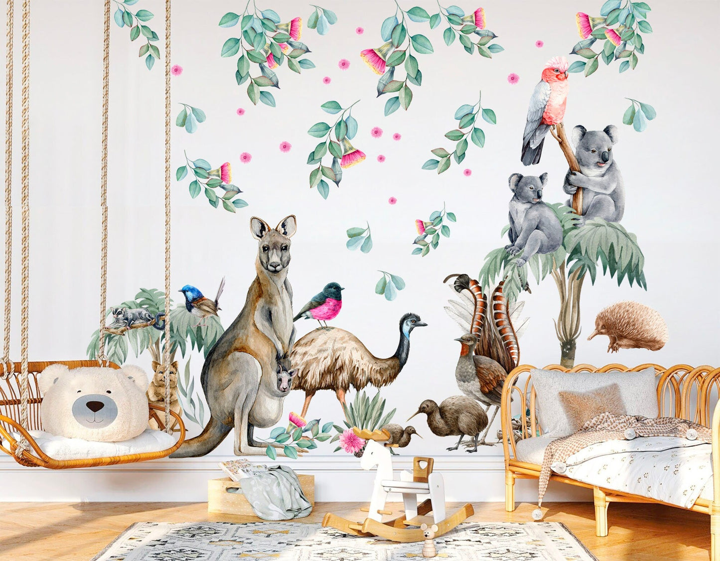 Aussie Animals and Flowers Kangaroo Koala Leaves Removable Wall Decal Peel and Stick - BR254