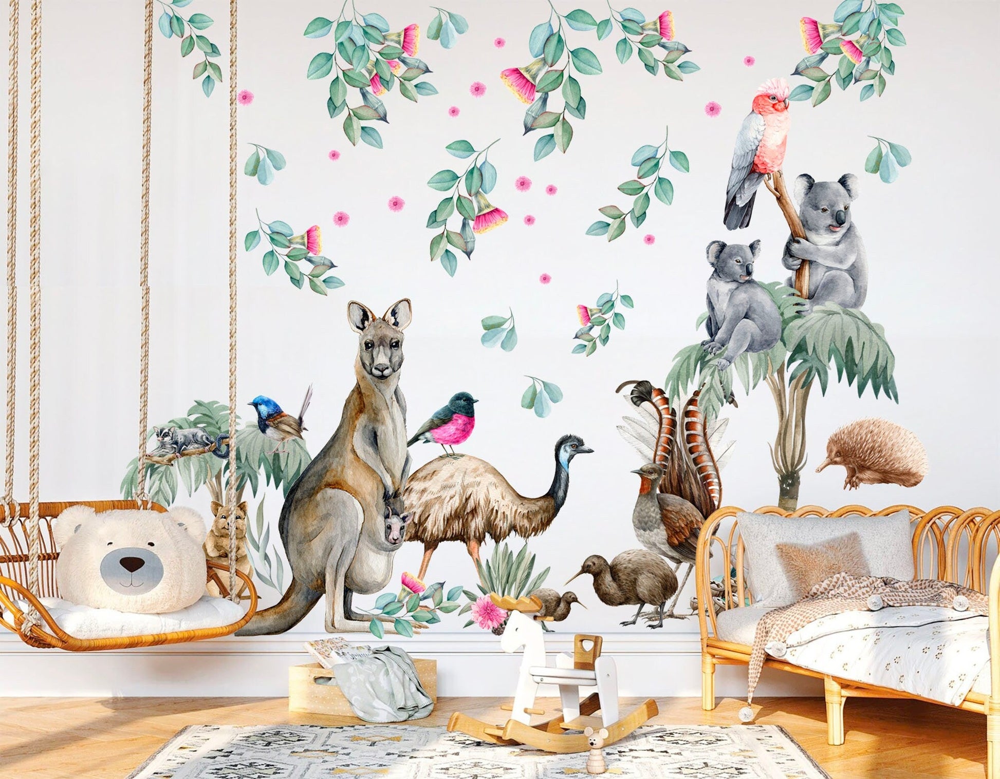 Aussie Animals and Flowers Kangaroo Koala Leaves Removable Wall Decal Peel and Stick - BR254
