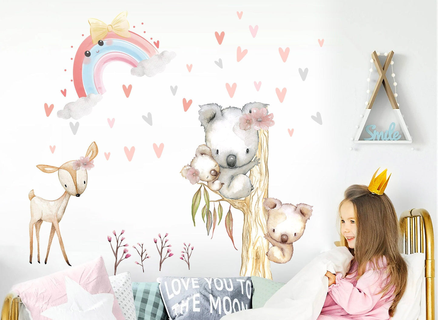 Baby Koala and Deer under Rainbow Tree Removable Wall Decal - BR269