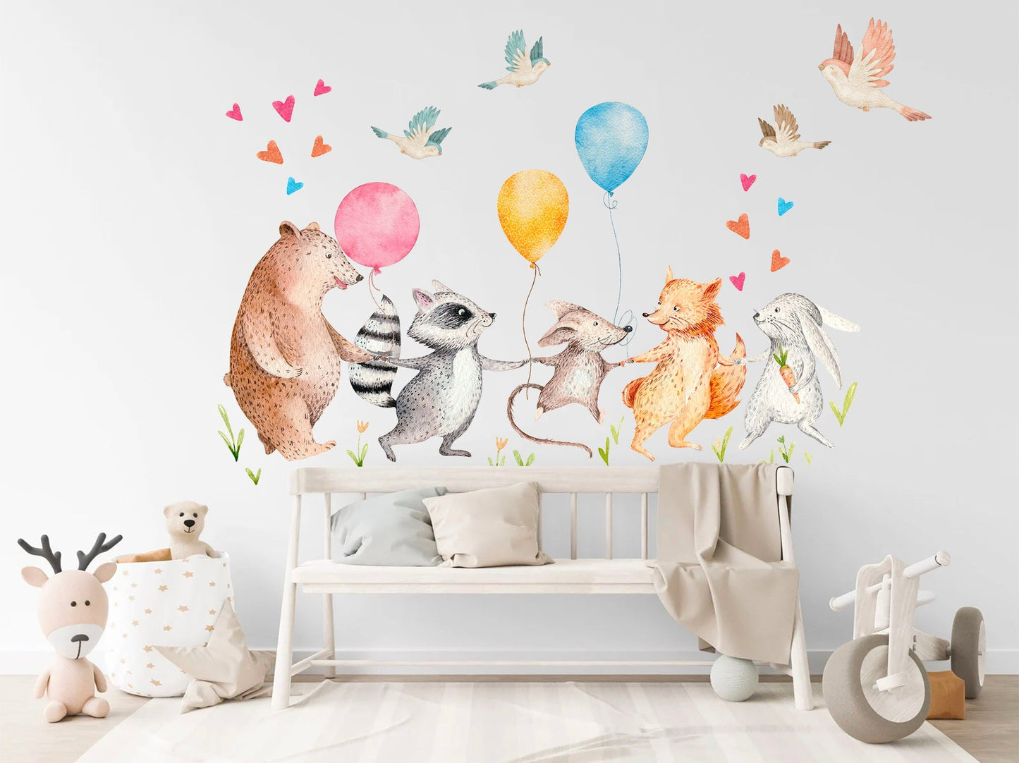 Forest Animals Woodland Friends Party Wall Decal - Bear Fox Rabbit Woodland Friends Balloon Adventure - BR271