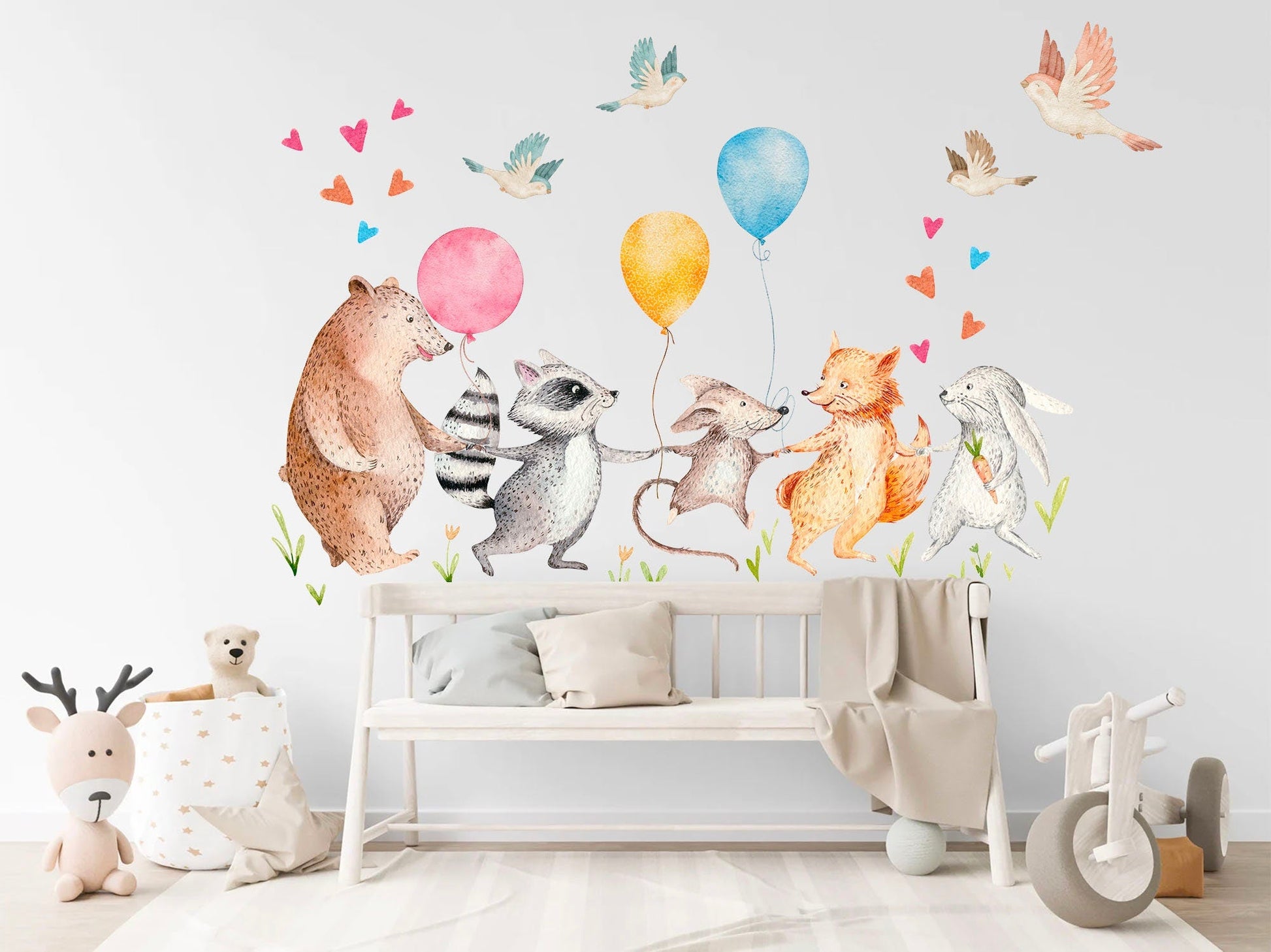 Forest Animals Woodland Friends Party Wall Decal - Bear Fox Rabbit Woodland Friends Balloon Adventure - BR271