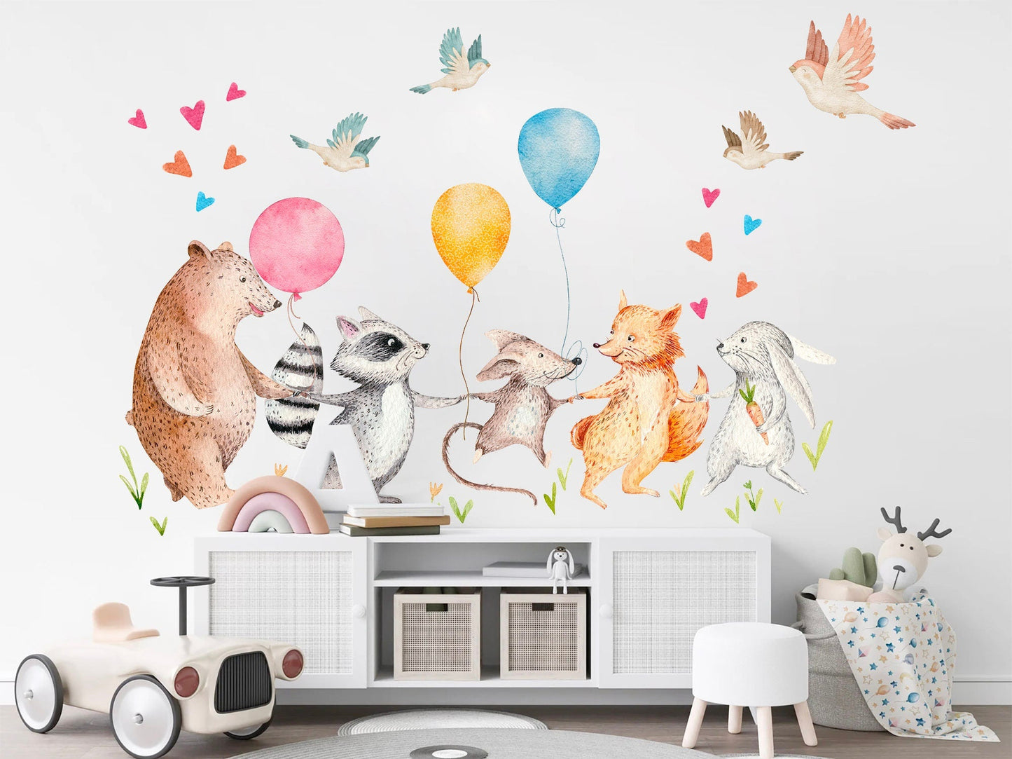 Forest Animals Woodland Friends Party Wall Decal - Bear Fox Rabbit Woodland Friends Balloon Adventure - BR271