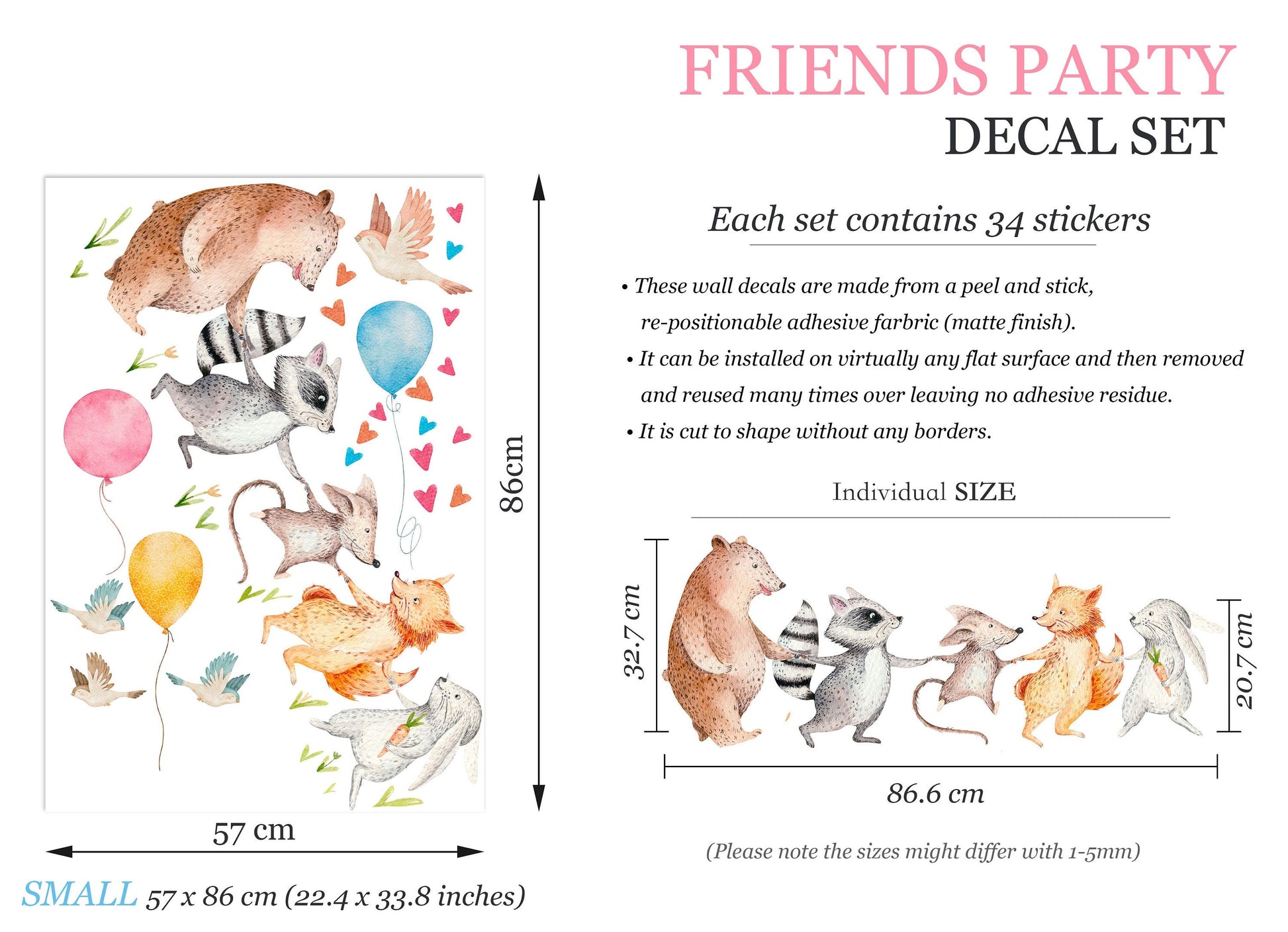 Forest Animals Woodland Friends Party Wall Decal - Bear Fox Rabbit Woodland Friends Balloon Adventure - BR271