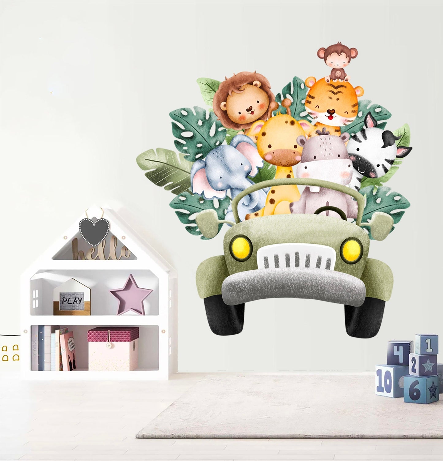 African Animals on Offroad Car Elephant Lion Monkey Giraffe Safari Removable Wall Decal - BR262