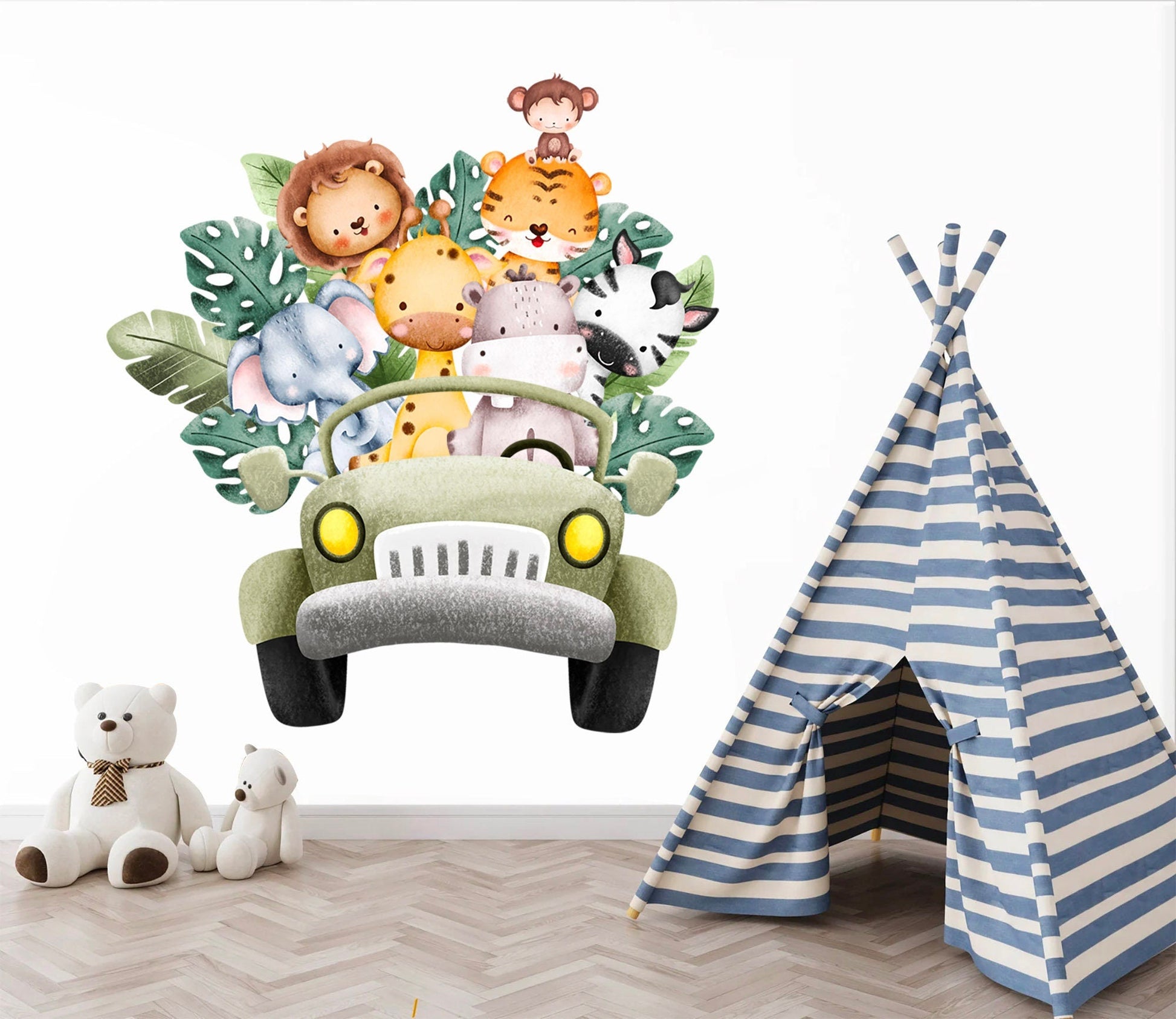 African Animals on Offroad Car Elephant Lion Monkey Giraffe Safari Removable Wall Decal - BR262