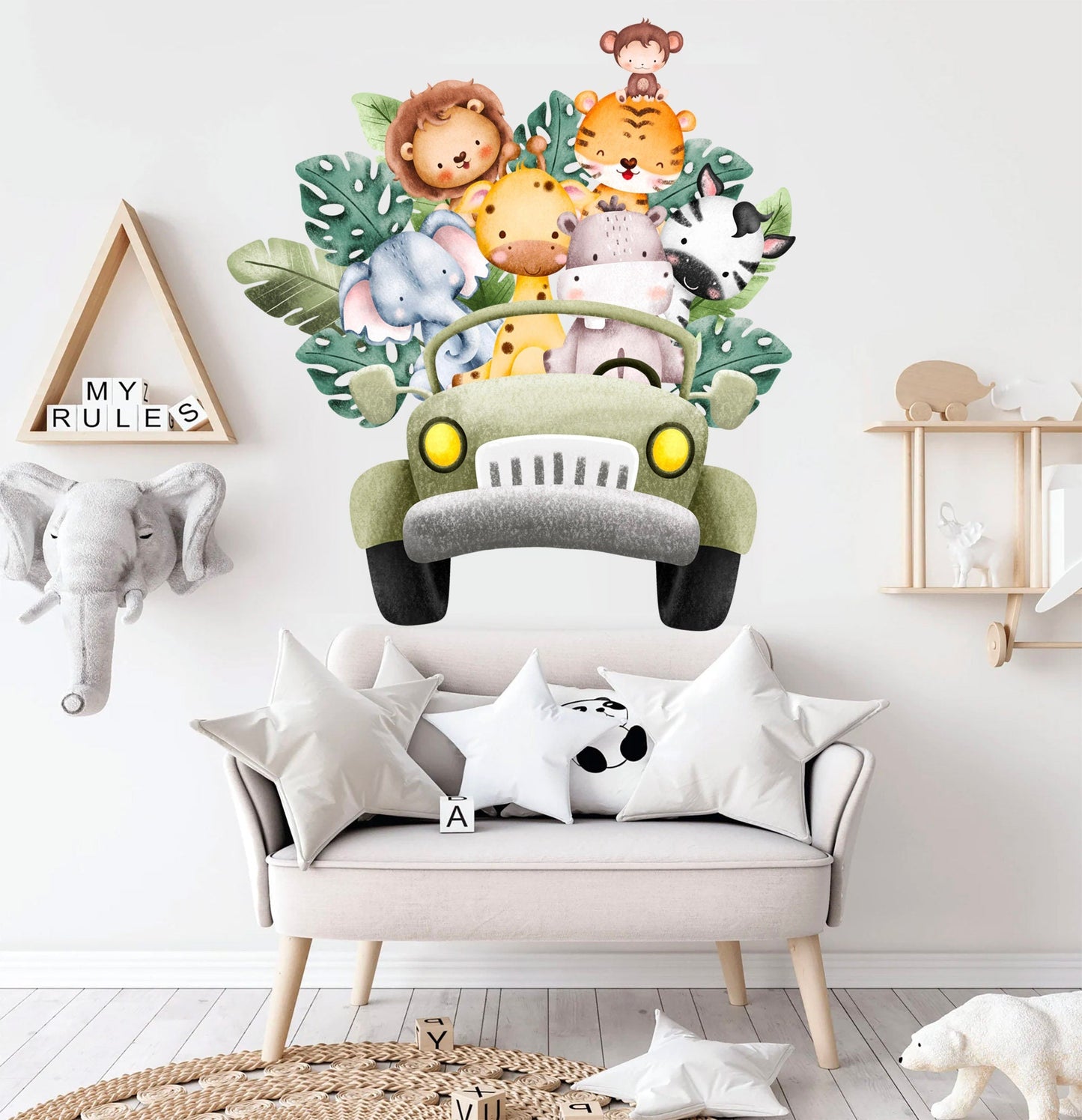 African Animals on Offroad Car Elephant Lion Monkey Giraffe Safari Removable Wall Decal - BR262
