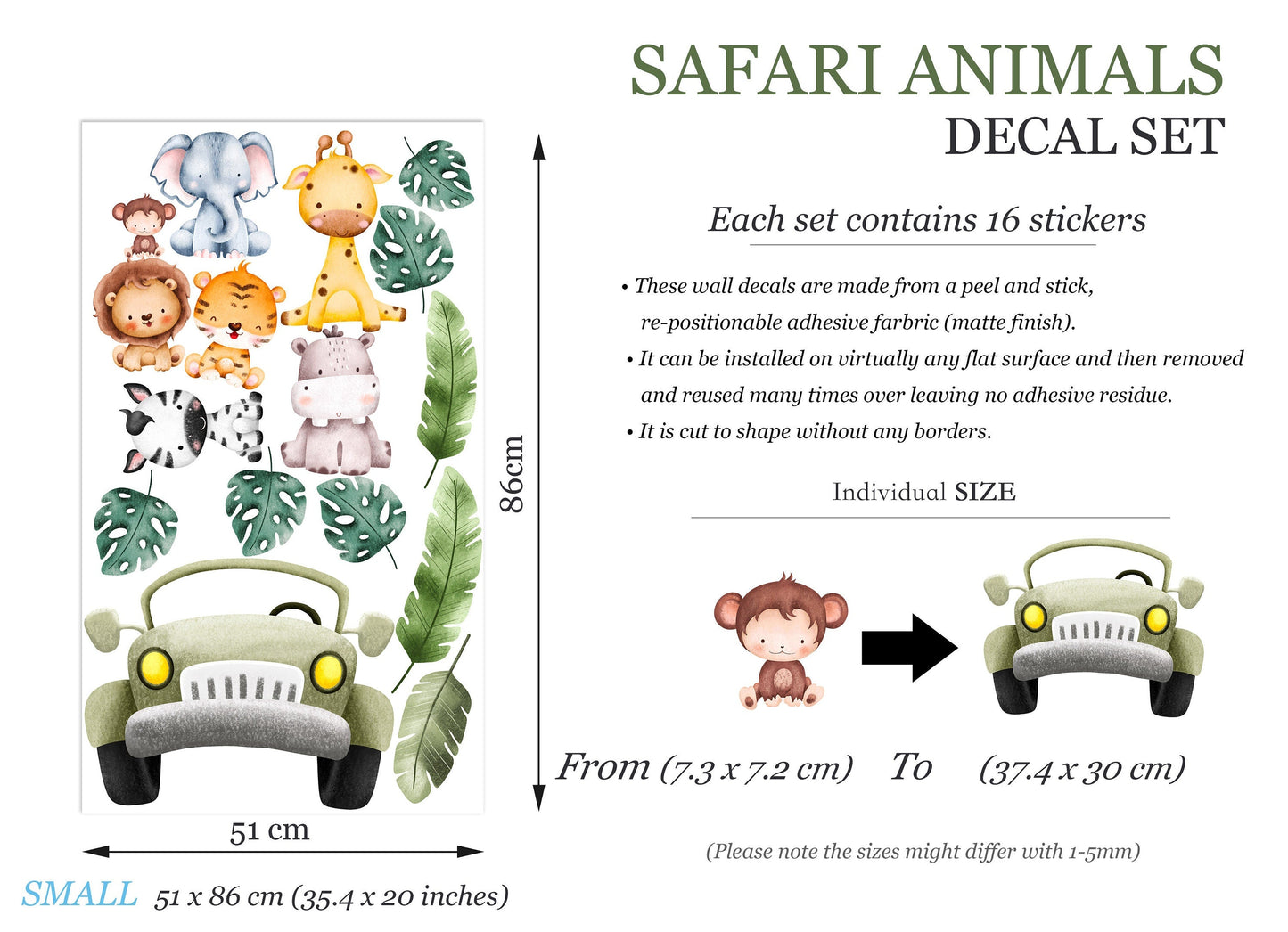 African Animals on Offroad Car Elephant Lion Monkey Giraffe Safari Removable Wall Decal - BR262