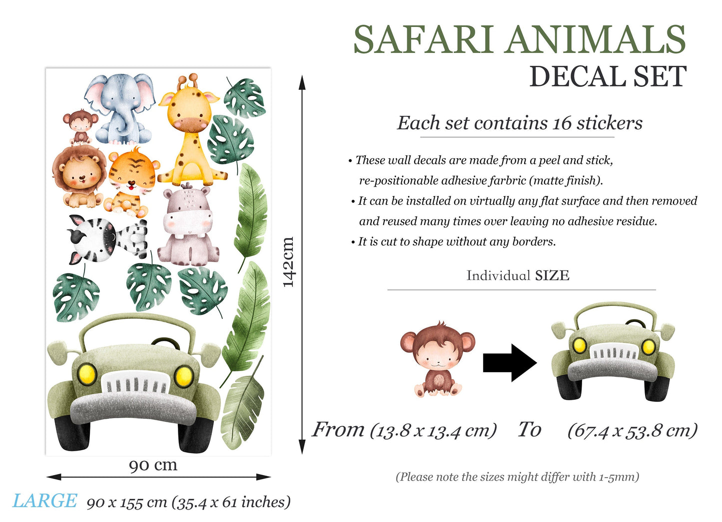 African Animals on Offroad Car Elephant Lion Monkey Giraffe Safari Removable Wall Decal - BR262