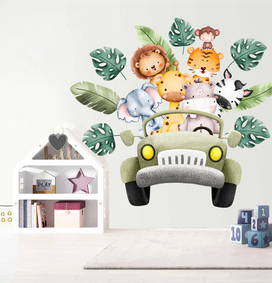 African Animals on Offroad Car Elephant Lion Monkey Giraffe Safari Removable Wall Decal - BR262