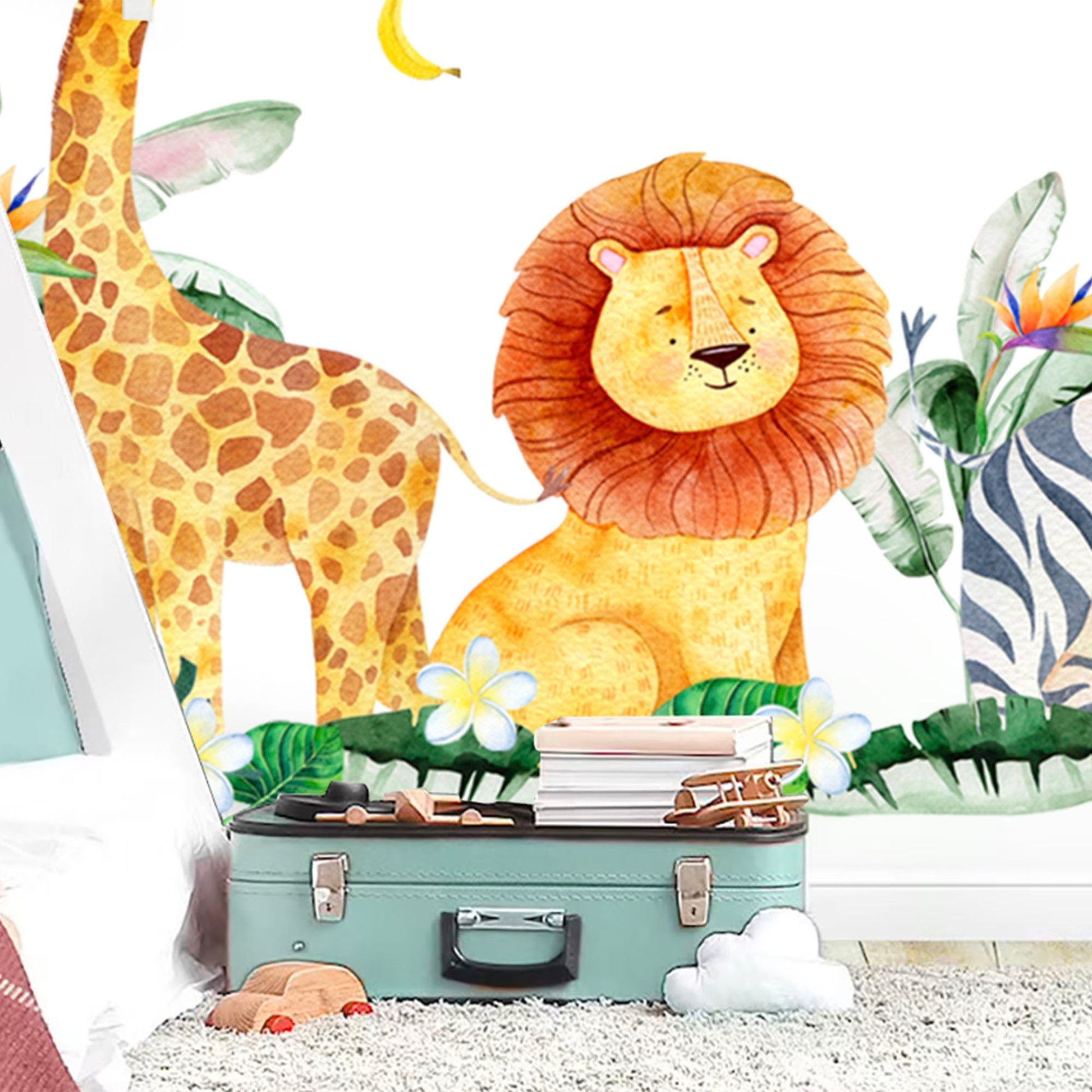 African Animals and Plants Wall Decal - Giraffe Lion Coconut Trees Koala Zebra Monkey - BR263