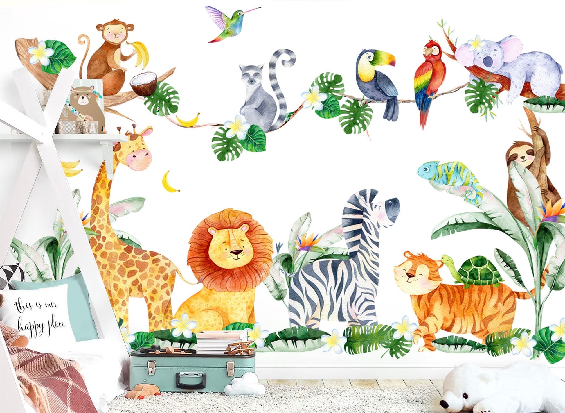 African Animals and Plants Wall Decal - Giraffe Lion Coconut Trees Koala Zebra Monkey - BR263