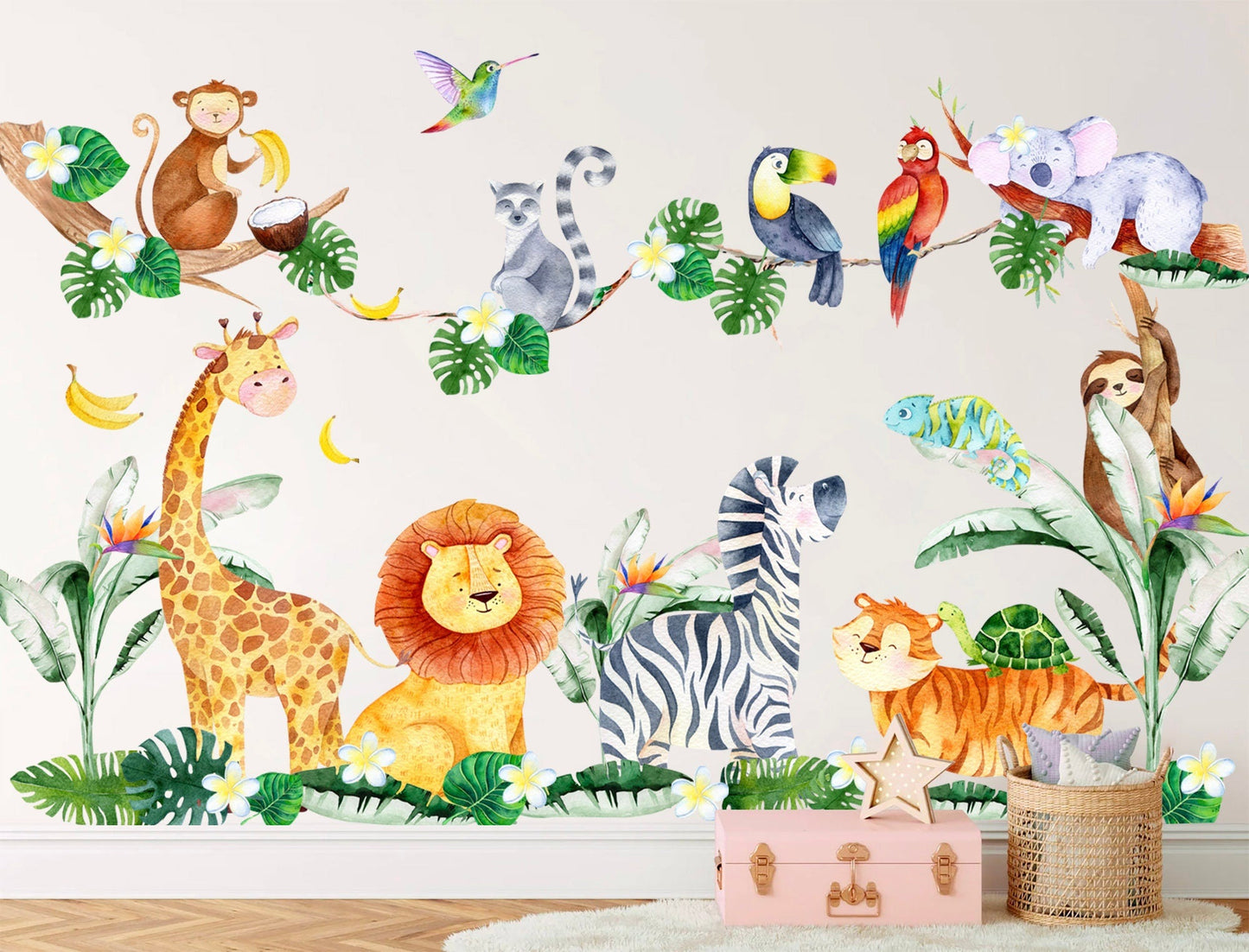 African Animals and Plants Wall Decal - Giraffe Lion Coconut Trees Koala Zebra Monkey - BR263