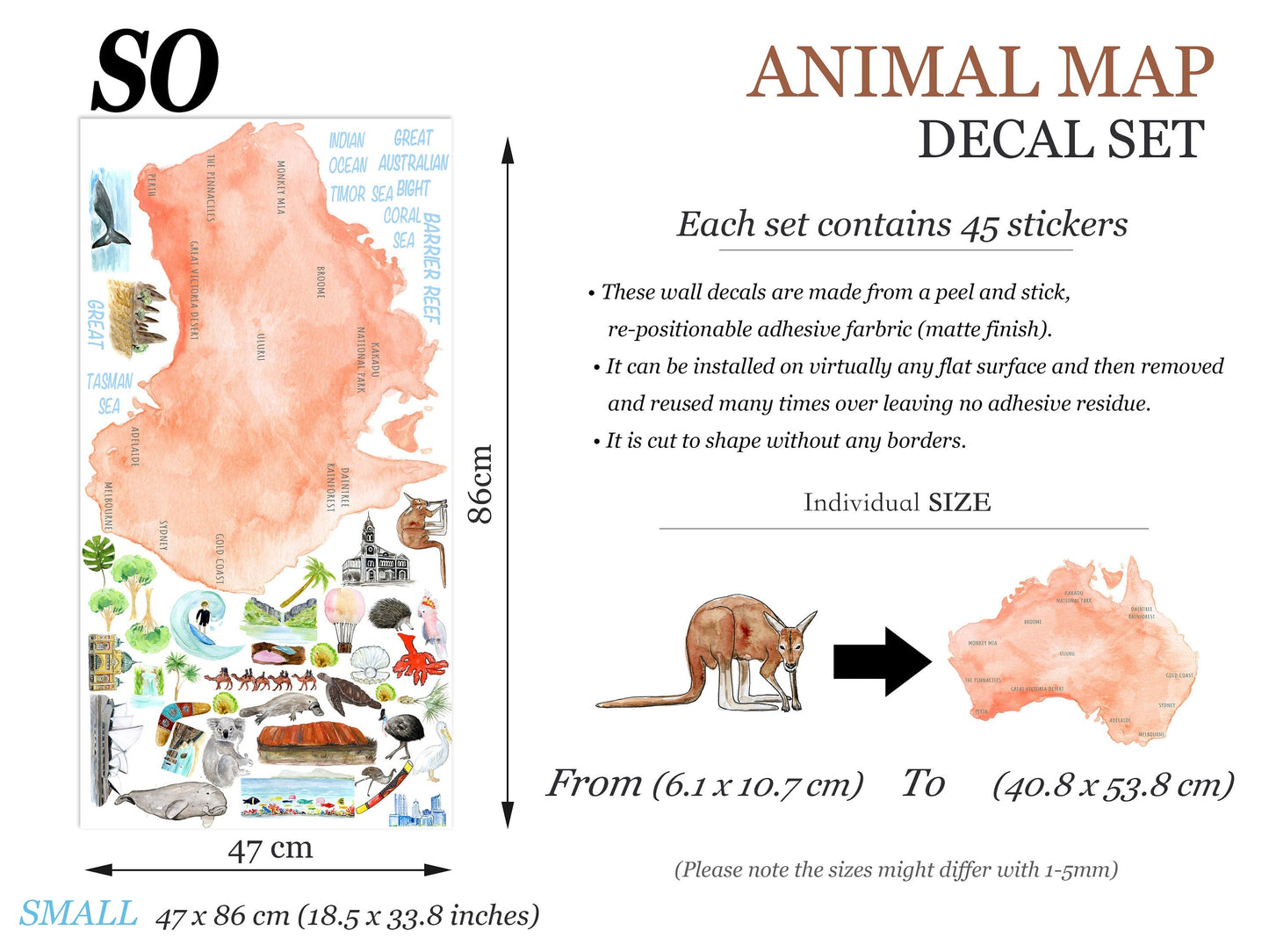 Australian Animals Plants Attraction Landmark Map Removable Wall Decal - BR240