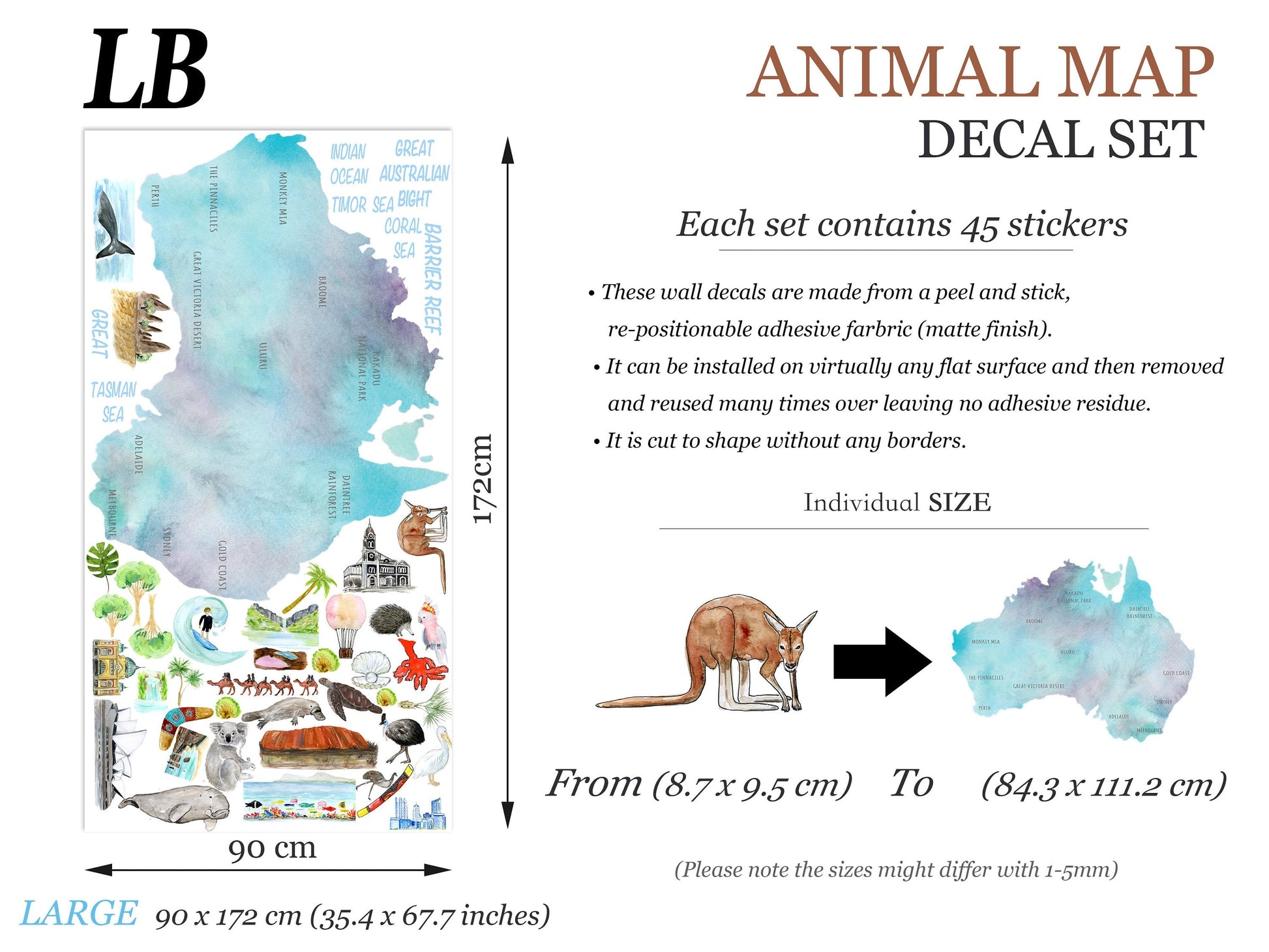 Australian Animals Plants Attraction Landmark Map Removable Wall Decal - BR240