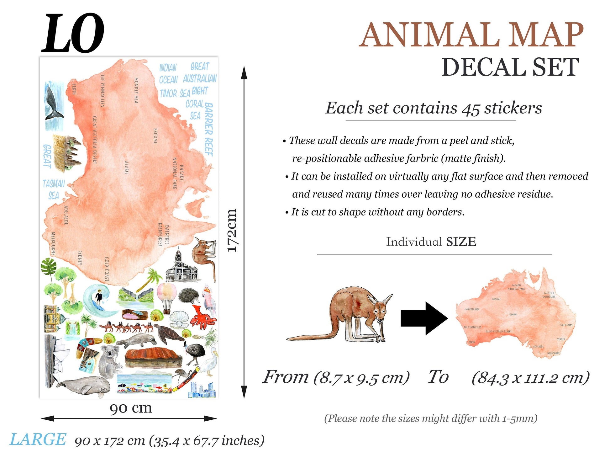 Australian Animals Plants Attraction Landmark Map Removable Wall Decal - BR240