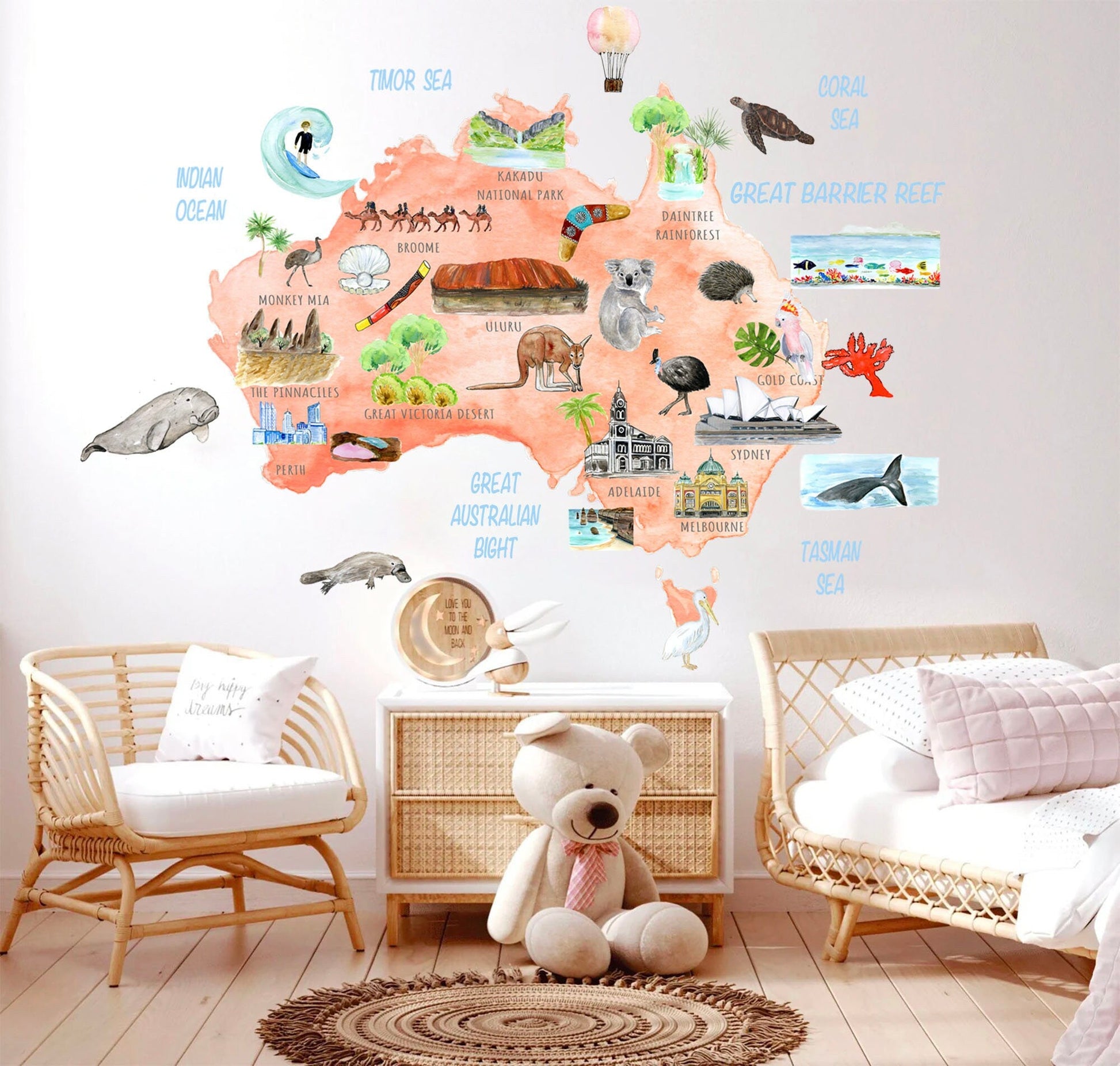 Australian Animals Plants Attraction Landmark Map Removable Wall Decal - BR240