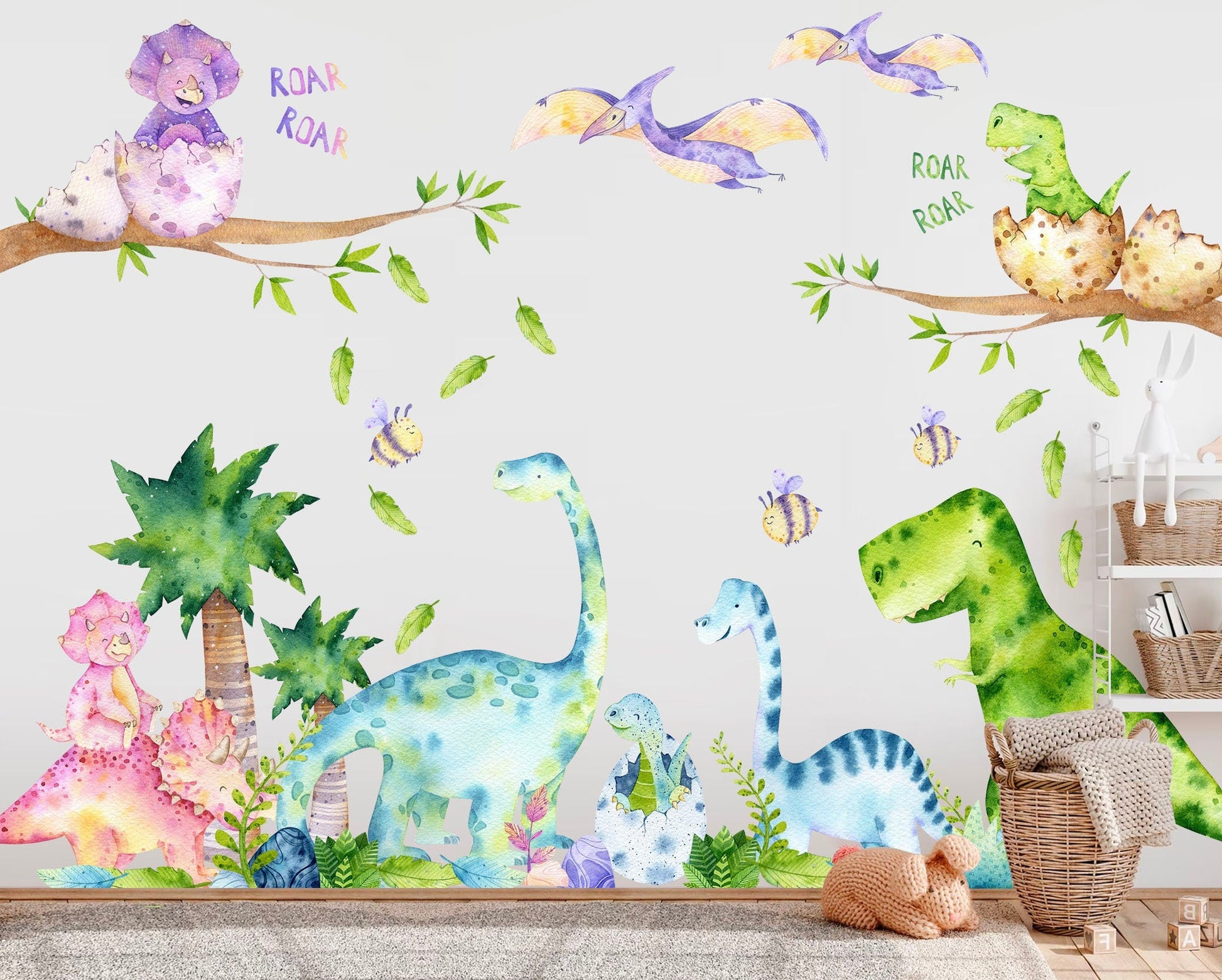 Watercolour Prehistoric Stegosaurus Brachiosaurus Triceratops Dinosaurs Nursery Wall Decal - Kids Bedroom - BR265