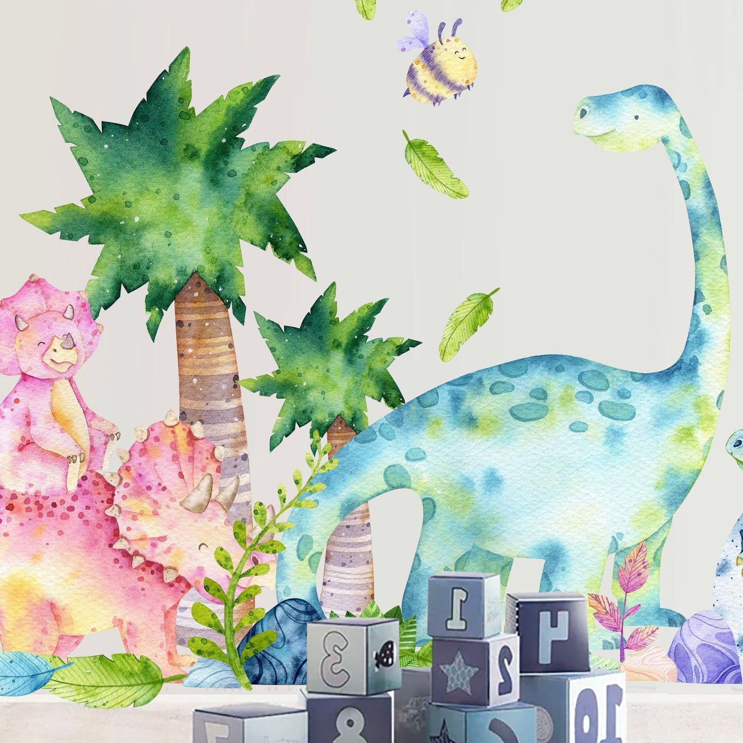 Watercolour Prehistoric Stegosaurus Brachiosaurus Triceratops Dinosaurs Nursery Wall Decal - Kids Bedroom - BR265