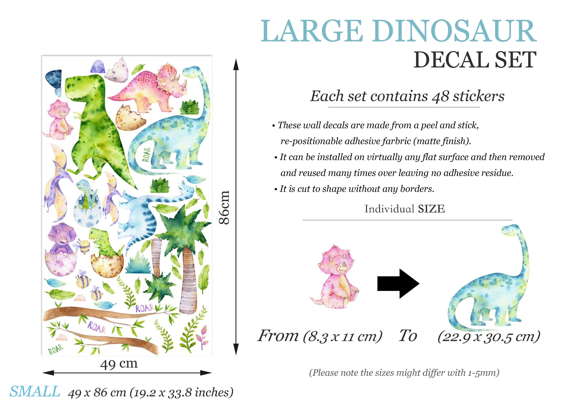 Watercolour Prehistoric Stegosaurus Brachiosaurus Triceratops Dinosaurs Nursery Wall Decal - Kids Bedroom - BR265