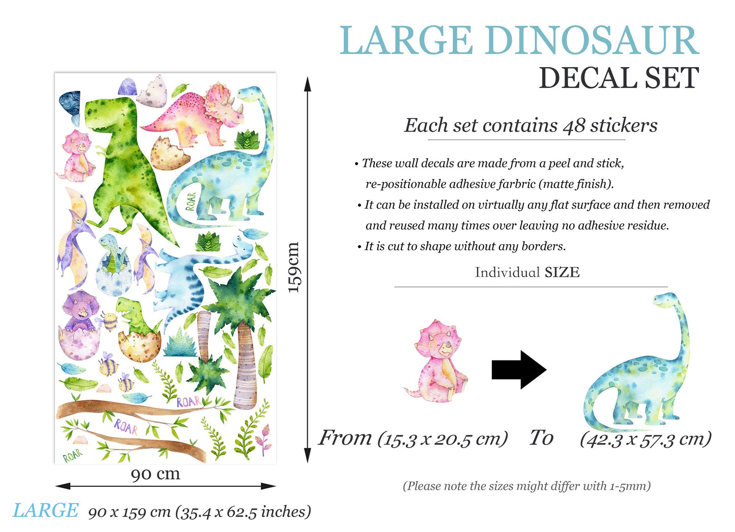 Watercolour Prehistoric Stegosaurus Brachiosaurus Triceratops Dinosaurs Nursery Wall Decal - Kids Bedroom - BR265
