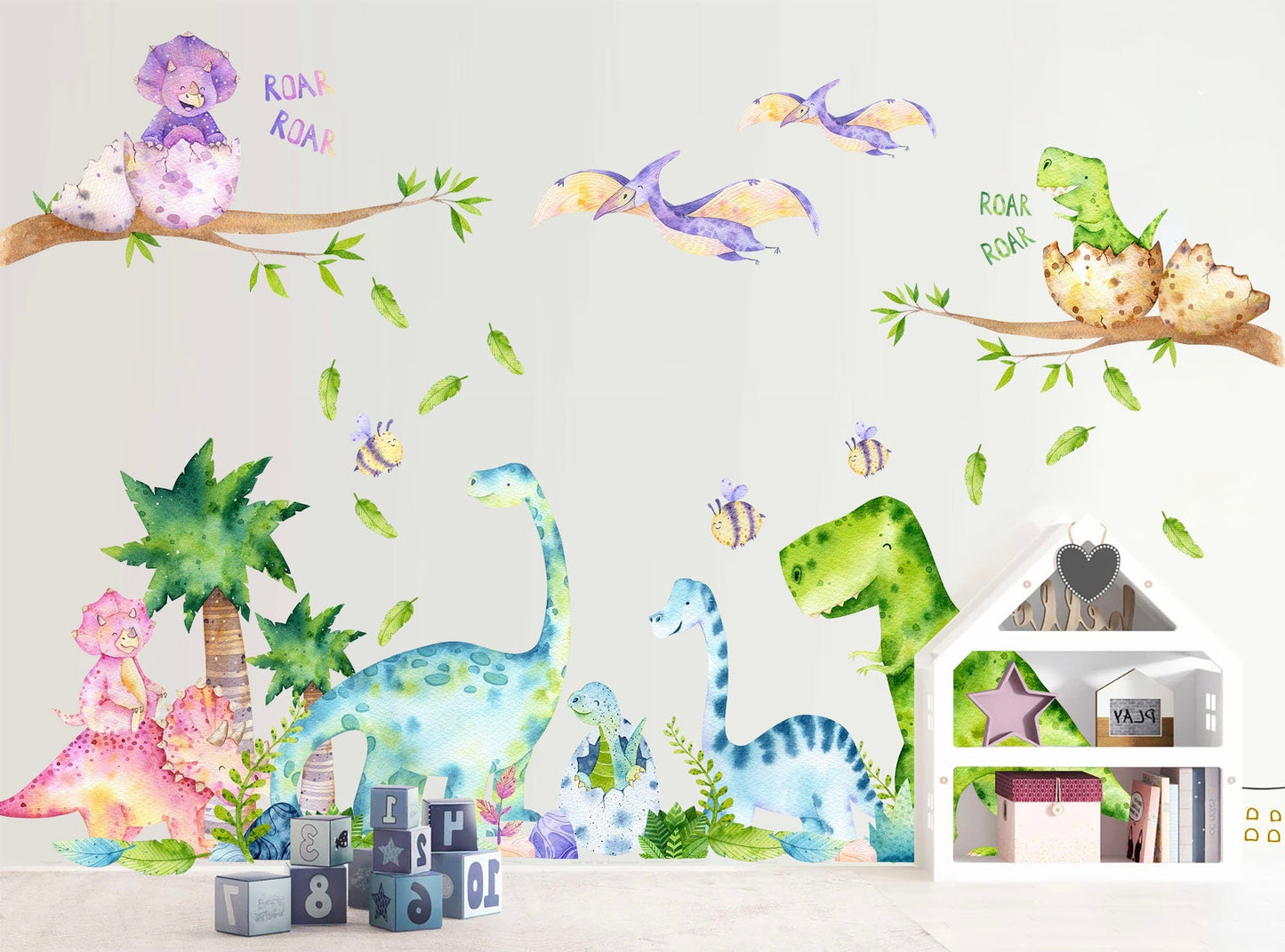 Watercolour Prehistoric Stegosaurus Brachiosaurus Triceratops Dinosaurs Nursery Wall Decal - Kids Bedroom - BR265