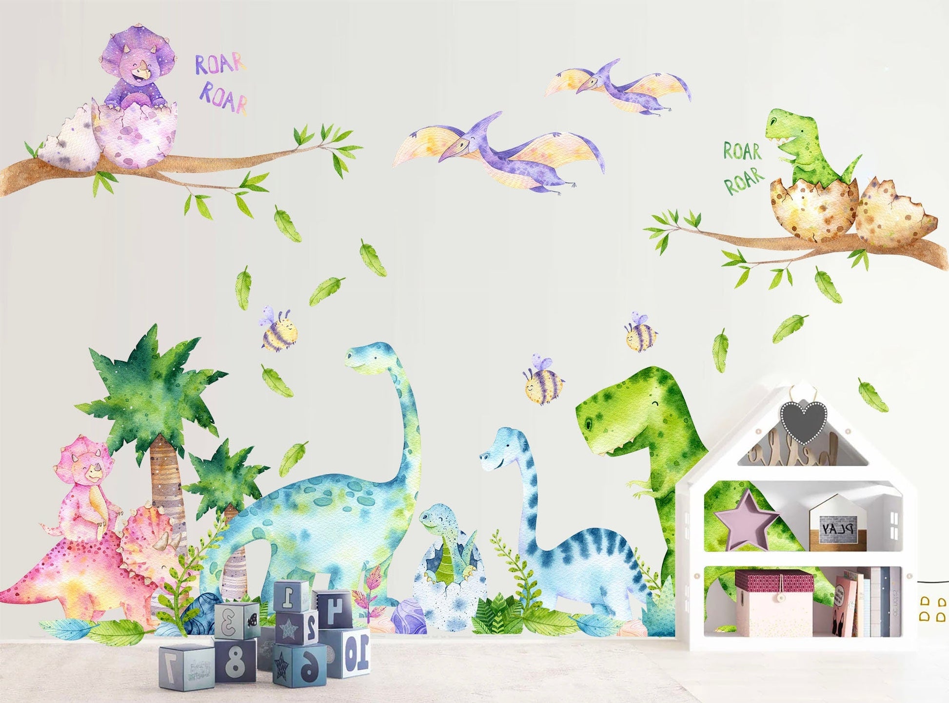 Watercolour Prehistoric Stegosaurus Brachiosaurus Triceratops Dinosaurs Nursery Wall Decal - Kids Bedroom - BR265