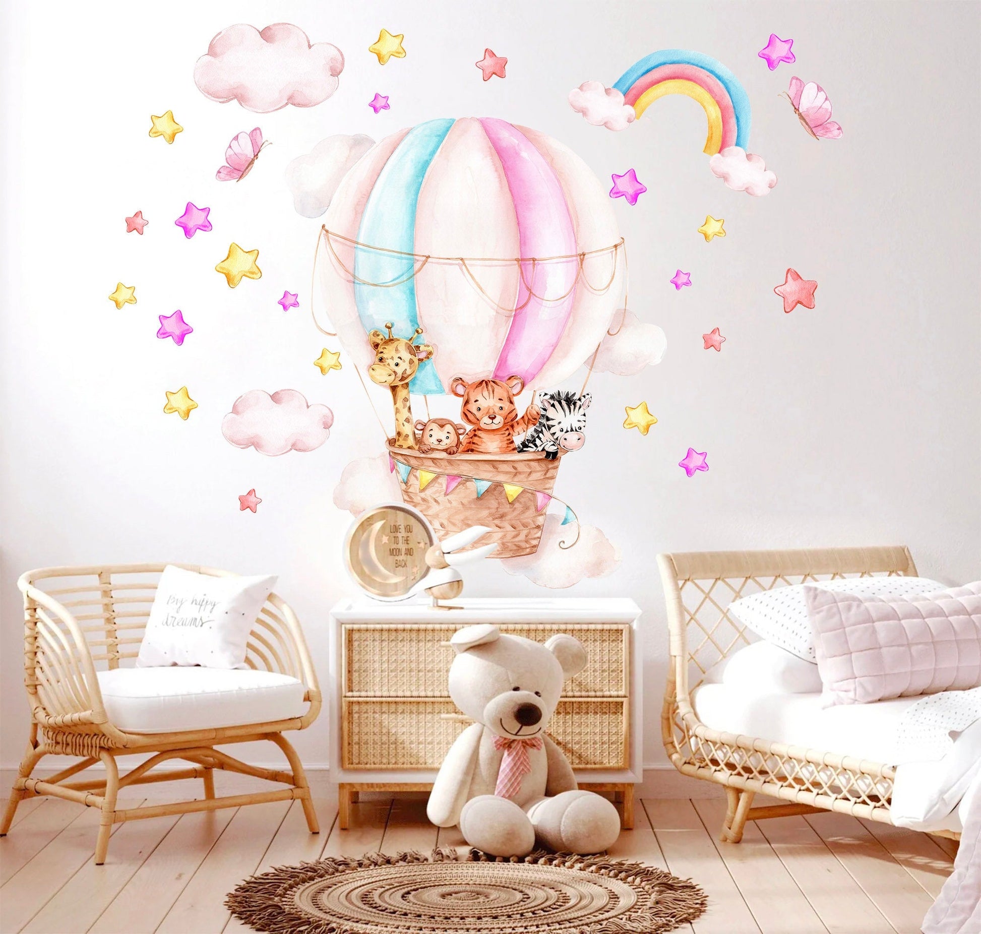 Baby Animals Soaring in Hot Air Balloons Through Rainbow Starry Sky Wall Decal - Giraffe Monkey Zebra Tiger - BR273