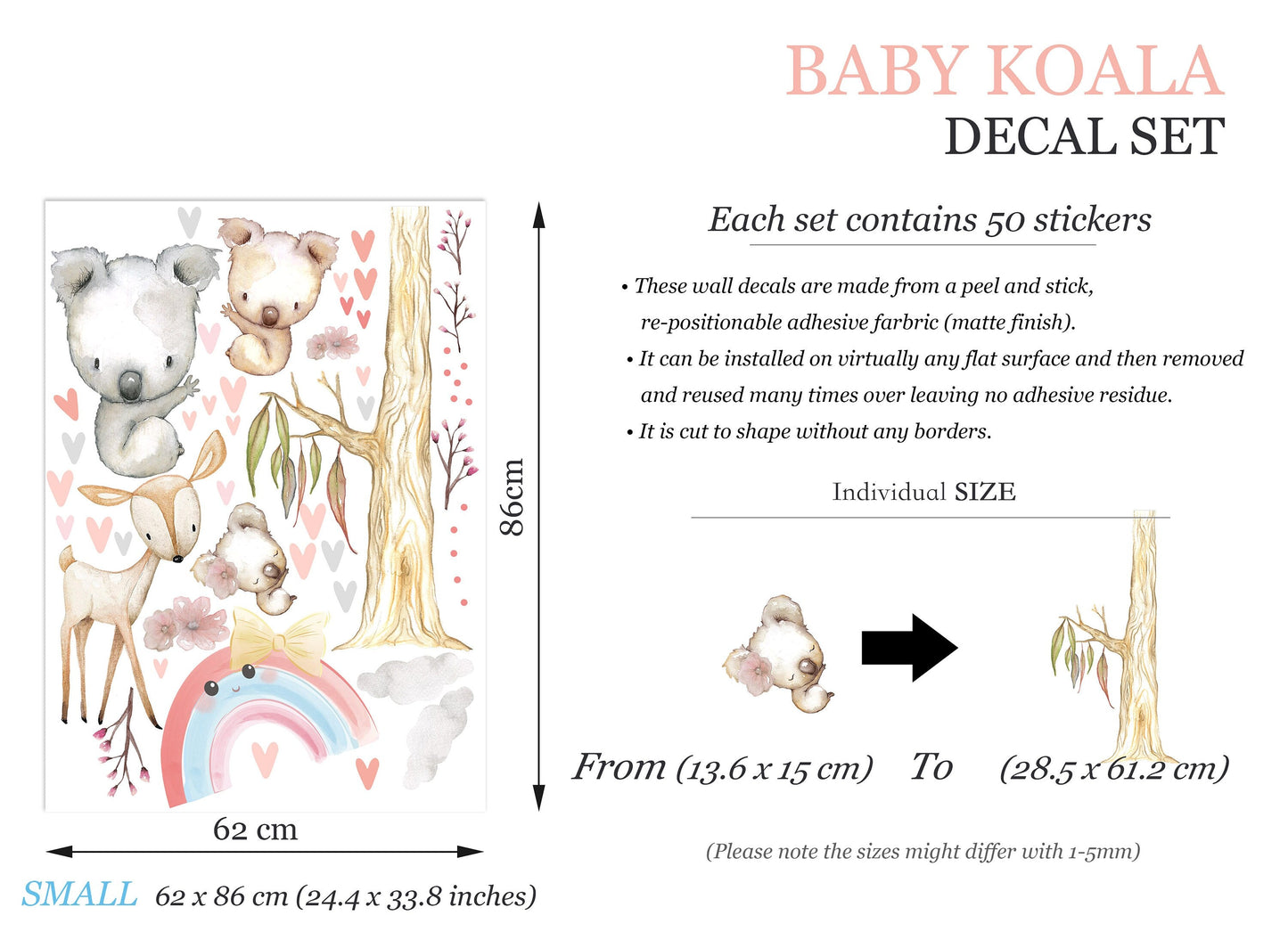 Baby Koala and Deer under Rainbow Tree Removable Wall Decal - BR269