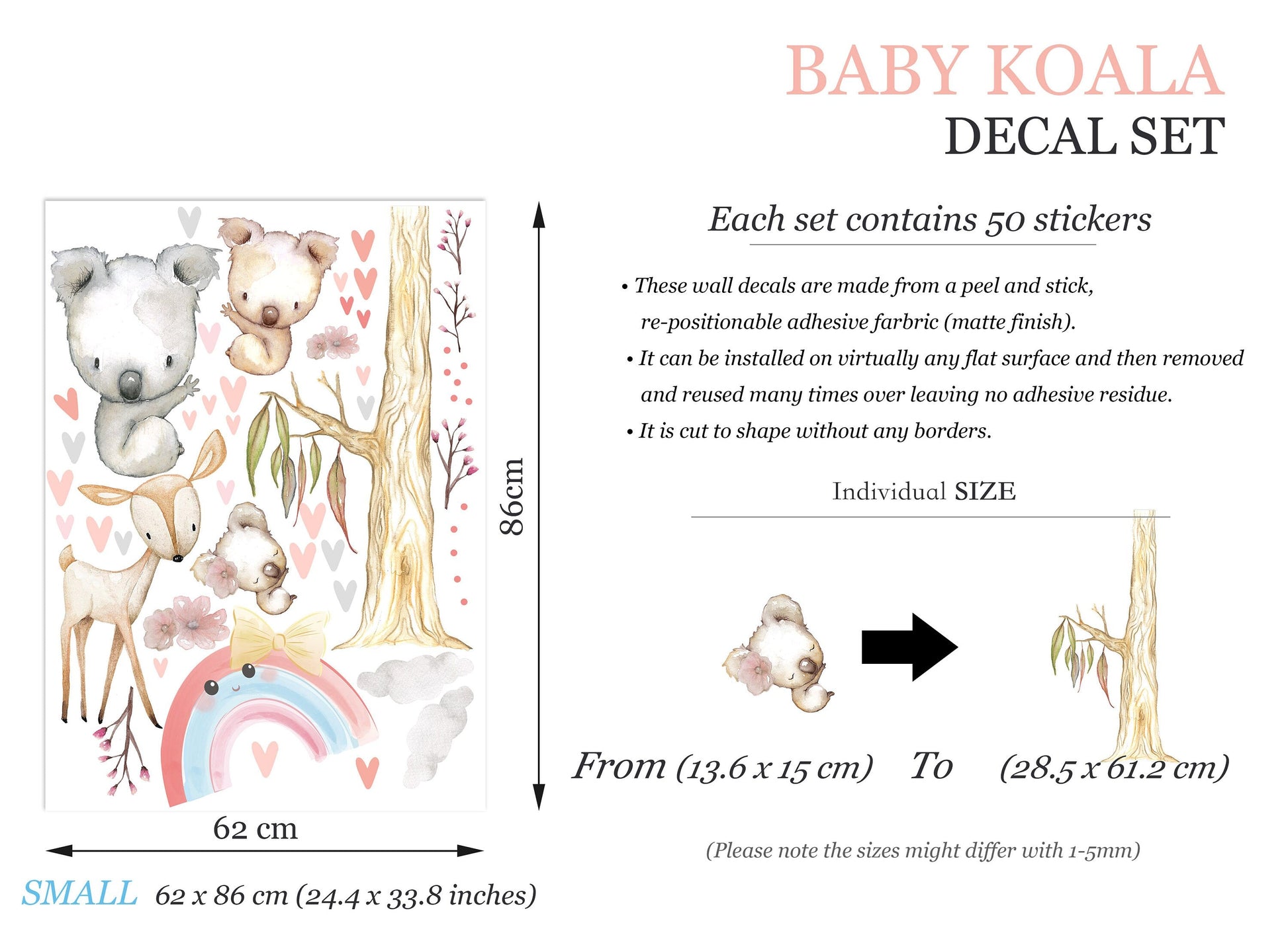 Baby Koala and Deer under Rainbow Tree Removable Wall Decal - BR269