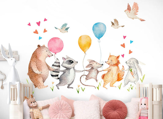 Forest Animals Woodland Friends Party Wall Decal - Bear Fox Rabbit Woodland Friends Balloon Adventure - BR271