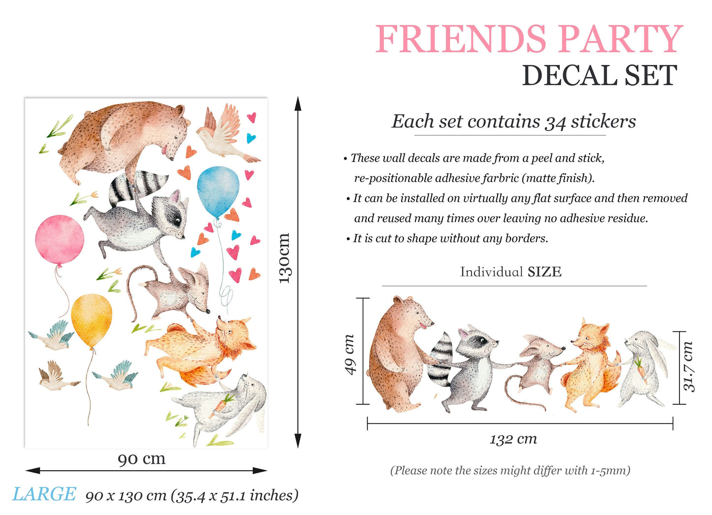 Forest Animals Woodland Friends Party Wall Decal - Bear Fox Rabbit Woodland Friends Balloon Adventure - BR271