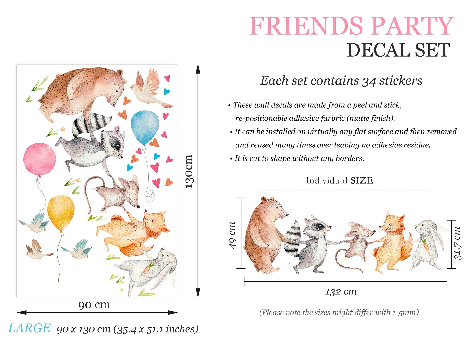 Forest Animals Woodland Friends Party Wall Decal - Bear Fox Rabbit Woodland Friends Balloon Adventure - BR271