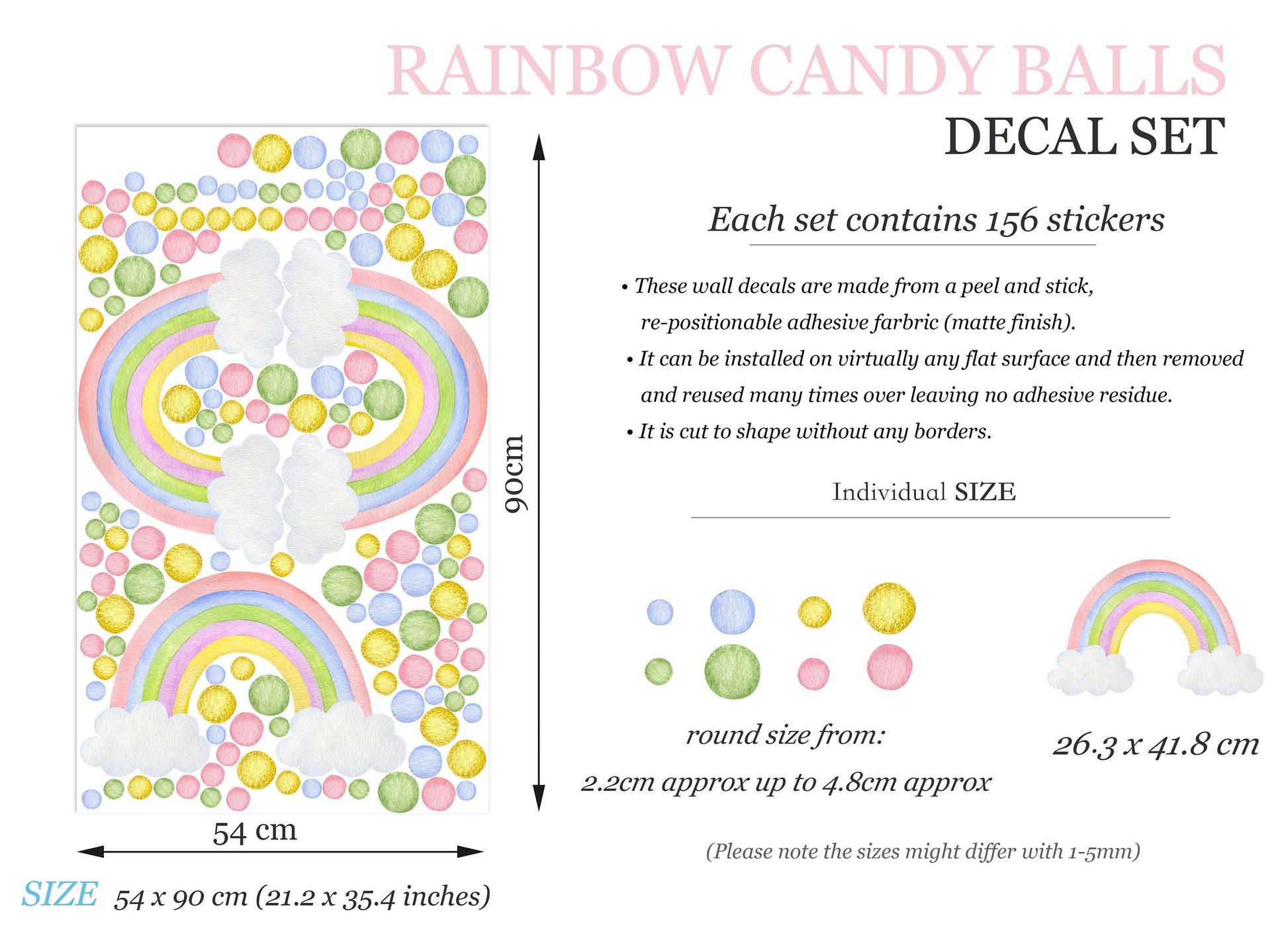 Pink Rainbow bubble dot Girl Bedroom Decal Wall - Repositionable Peel and Stick Fabric Wall Stickers - BR278