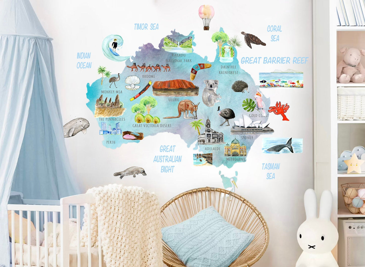 Australian Animals Plants Attraction Landmark Map Removable Wall Decal - BR240
